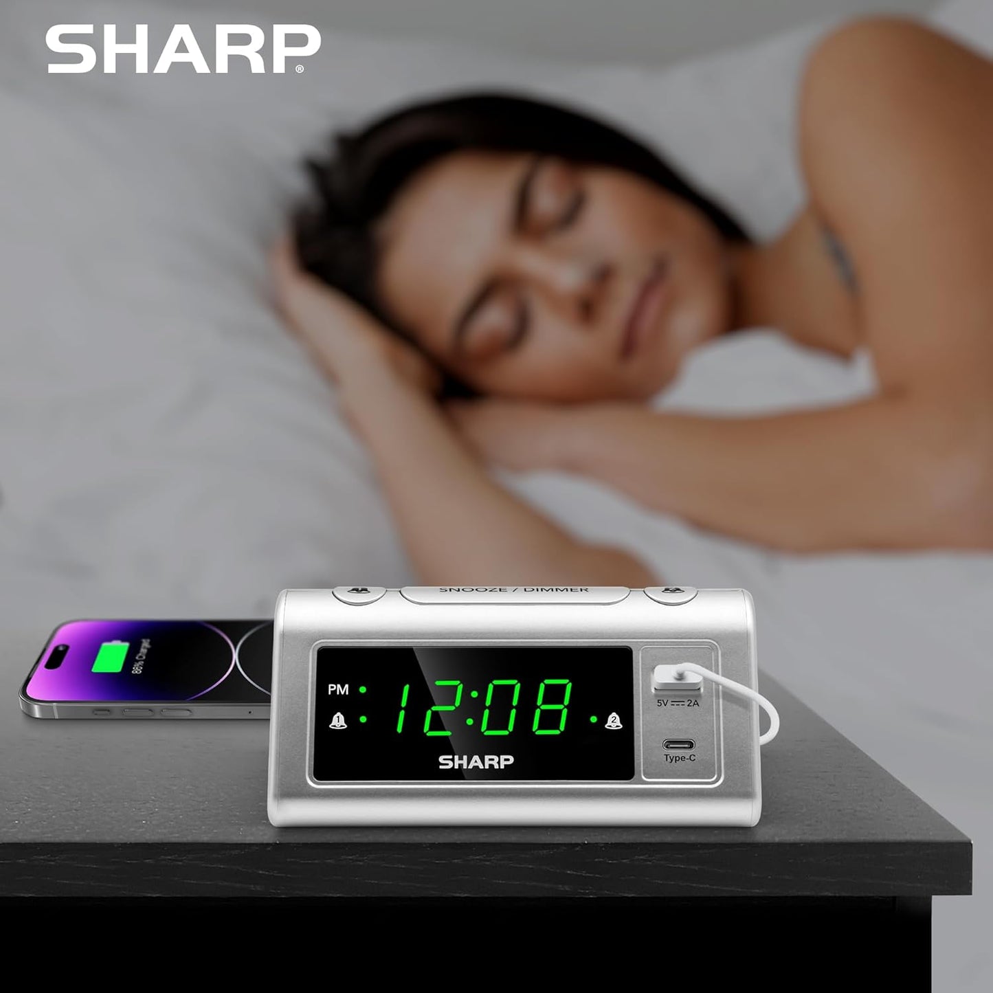 Sharp Alarm Clock for Bedrooms, Super Fast USB-C Charging and Fast 2 Amp USB Charging, 2 Alarms, 3-Step Dimmer, Snooze, Easy to Set Controls, Silver with Green LED Display