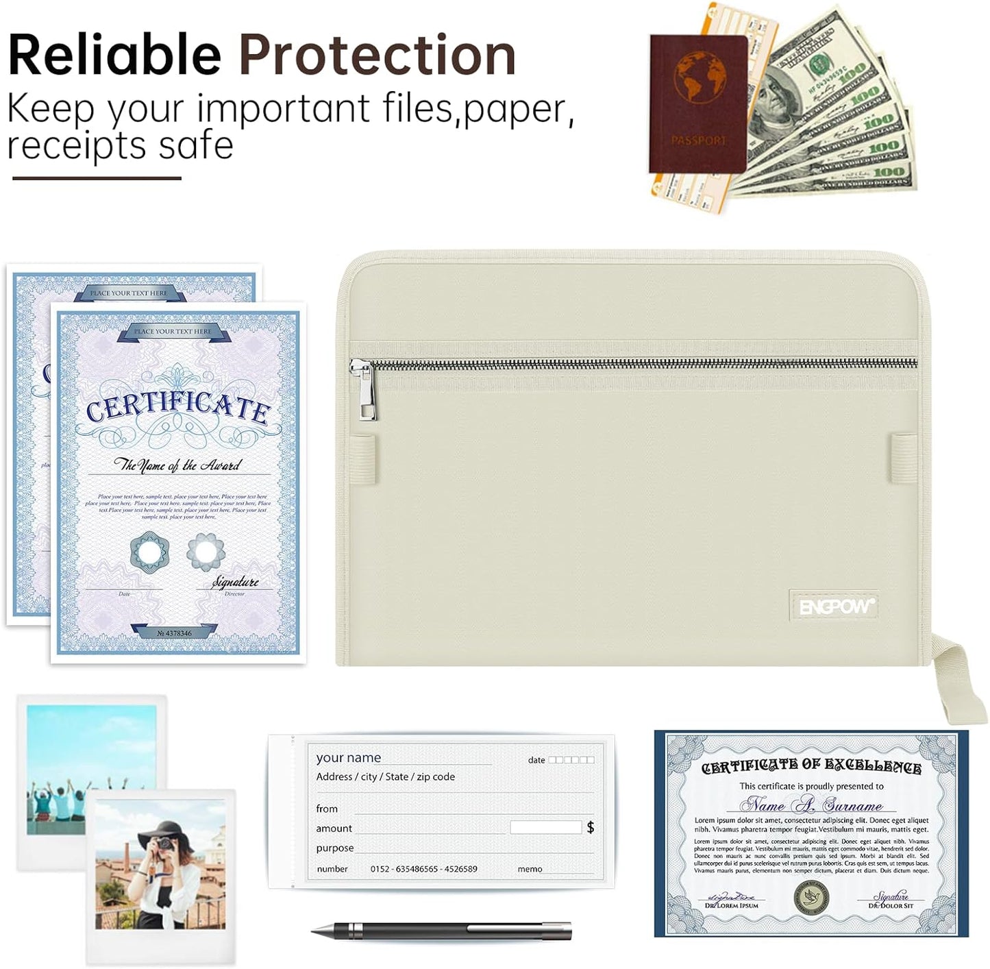 ENGPOW Accordion File Organizer,Fireproof 13 Pockets Expanding File Folder,Document Organizer Folder with Zipper＆Labels,Portable Home Travel Safe Storage for Letter A4 Files and More,Beige