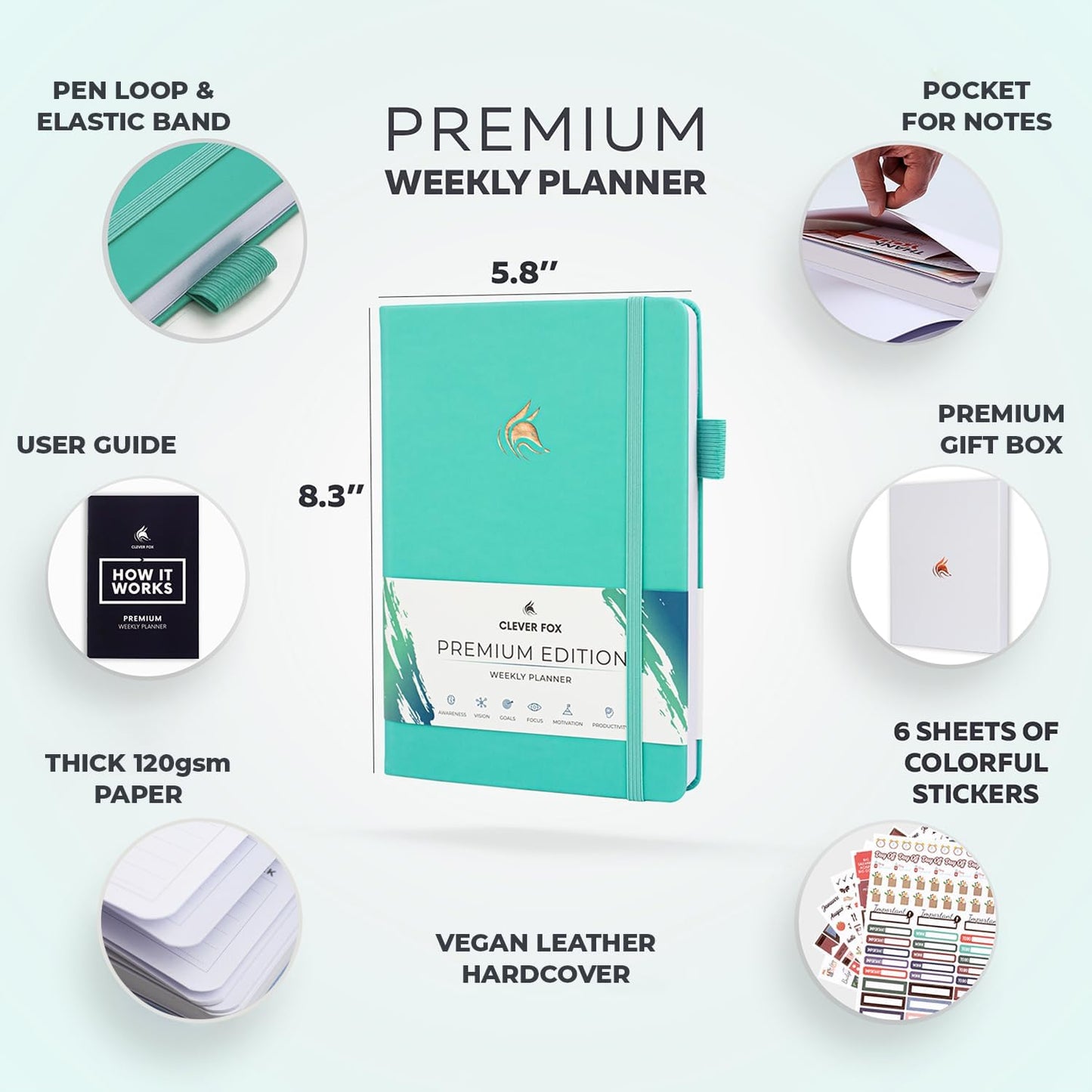 Clever Fox Planner Premium Edition – Undated Luxurious Weekly & Monthly Planner to Increase Productivity and Hit Your Goals – Organizer – Start Anytime, A5, Lasts 1 Year, Light Turquoise (Weekly)