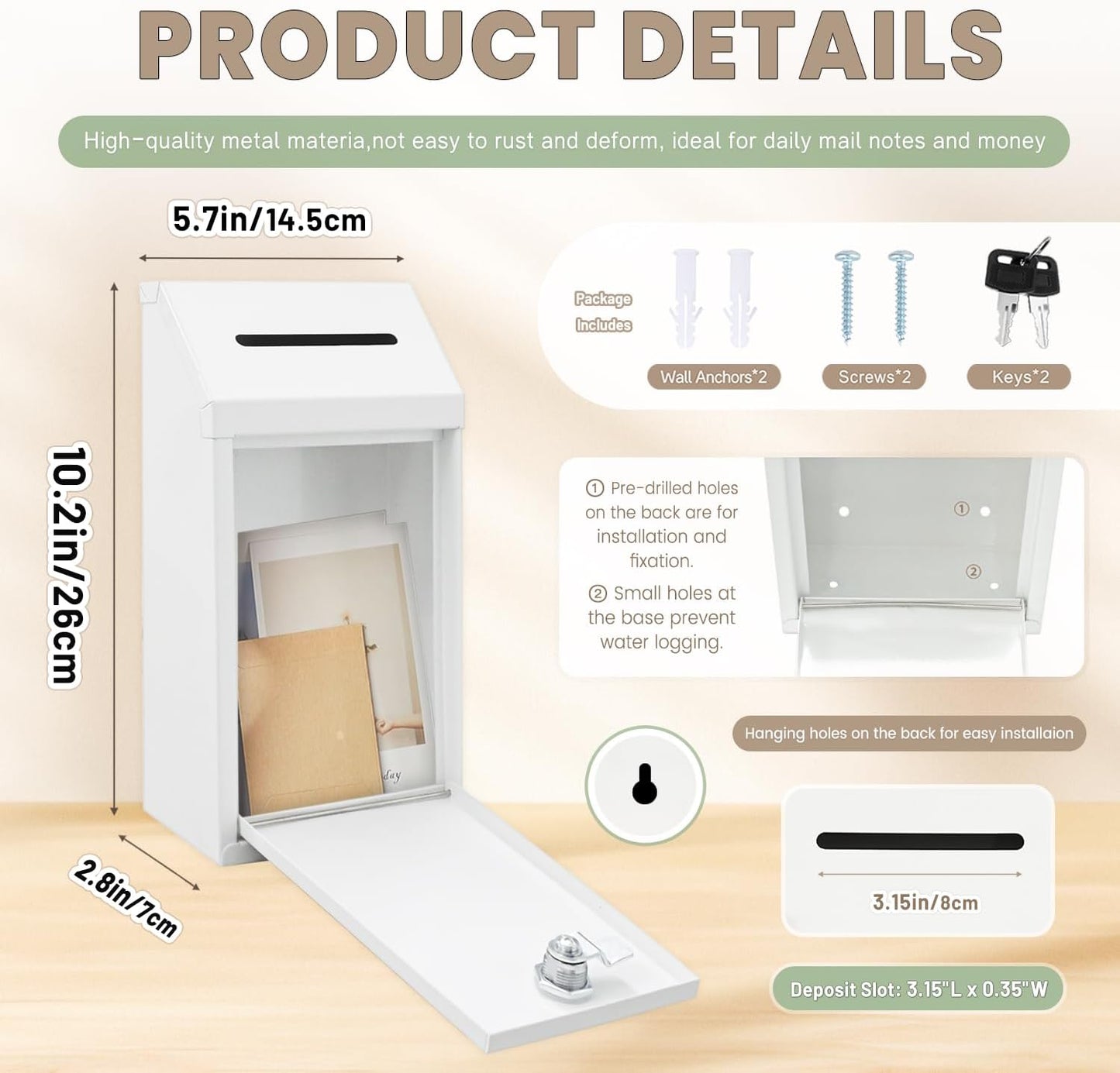 Metal Donation Money Cash Drop Box with Lock and Slot Suggestion Box Wall Mounted Ballot Container Mailbox Delivery for Home Office (White, 10.24″ x 5.71″ x 2.95″)