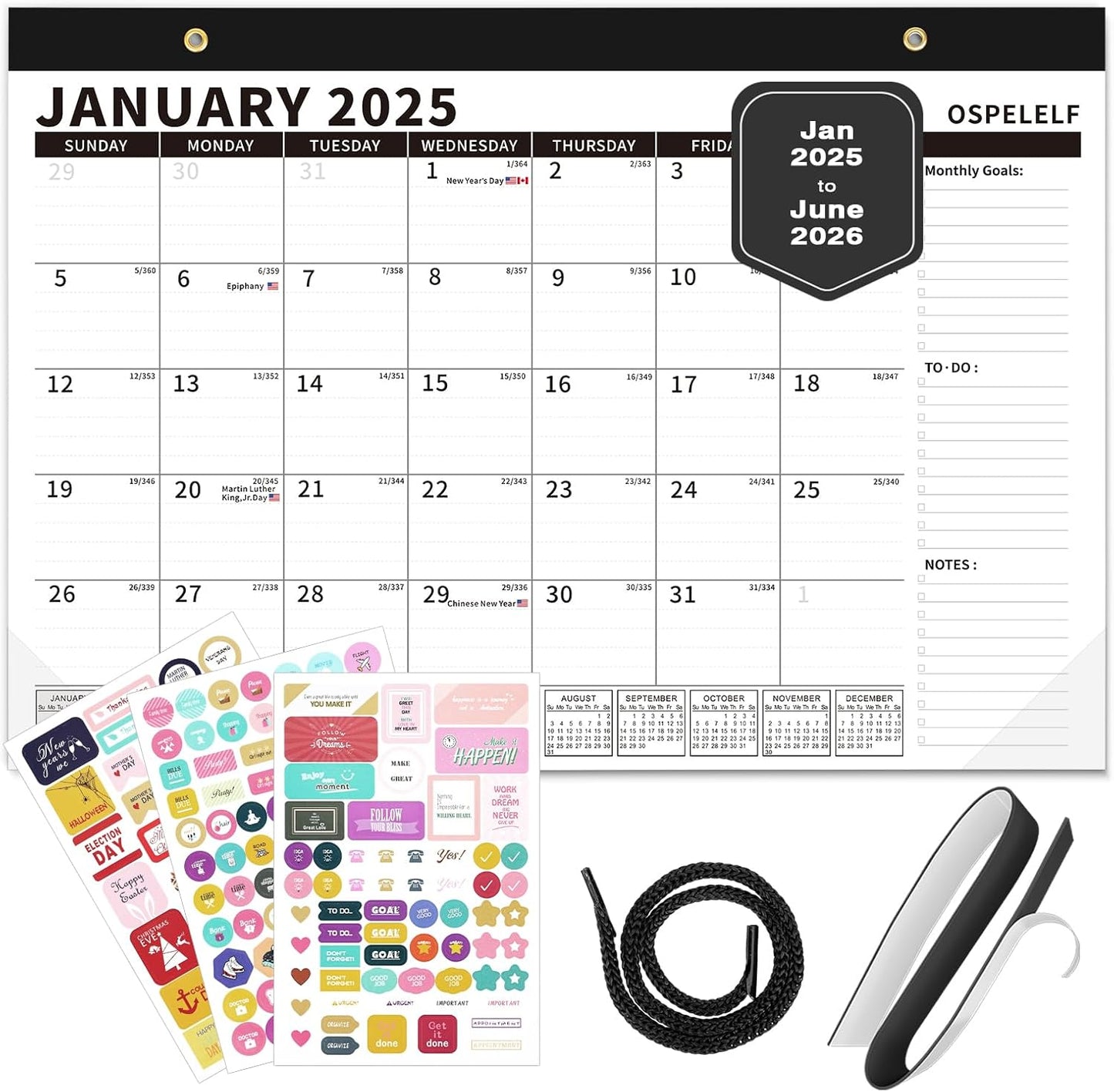 Ospelelf Magnetic Calendar 2025-2026 for Refrigerator, Desk Wall Calendar, January 2025 to June 2026, Monthly Large Planner Pad with Plastic Cover 17" X 12" Black