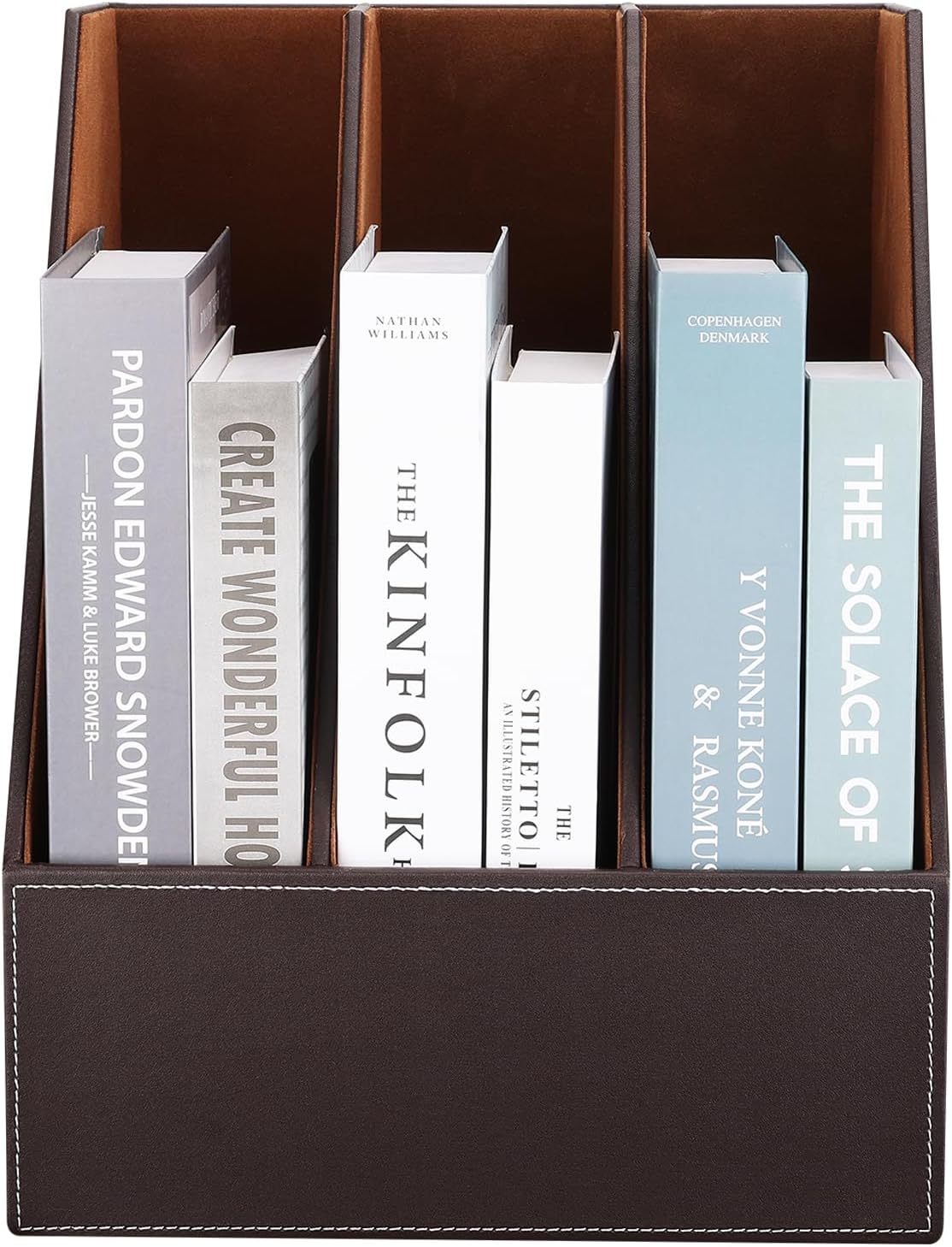 KINGFOM Desktop Wooden Leatherette Magazine File Holder-Organizer-3 Compartment Stand Rack-Papers Storage Box (brown)