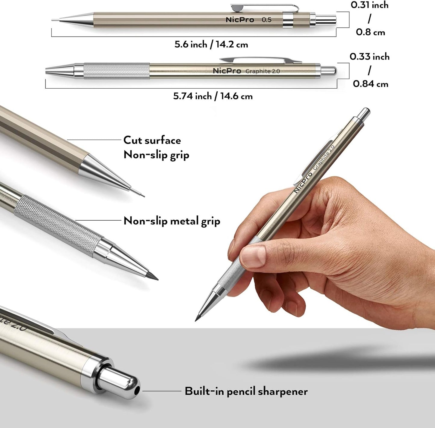 Nicpro 20PCS Metal Mechanical Pencil Set in Leather Case, 0.3 & 0.5 & 0.7 & 0.9 mm & 2mm Lead Pencil Holders, (4B 2B HB 2H) Lead Refills (Black & Colors), Erasers, For Art Drafting Sketching Drawing