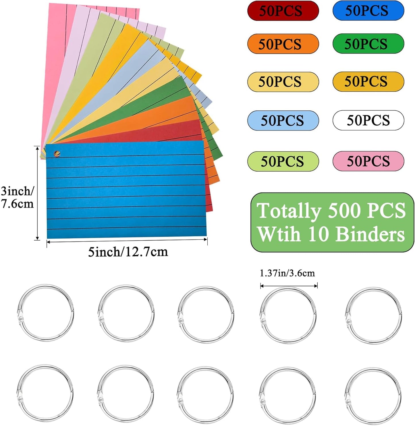 500Pcs Index Cards with 10 Rings, 3 x 5 Inches Ruled Index Cards, Colored Index Flash Cards, Lined on Both Side Colored Notecards for Study, Learning, Memory, Recipe (10 Colors)