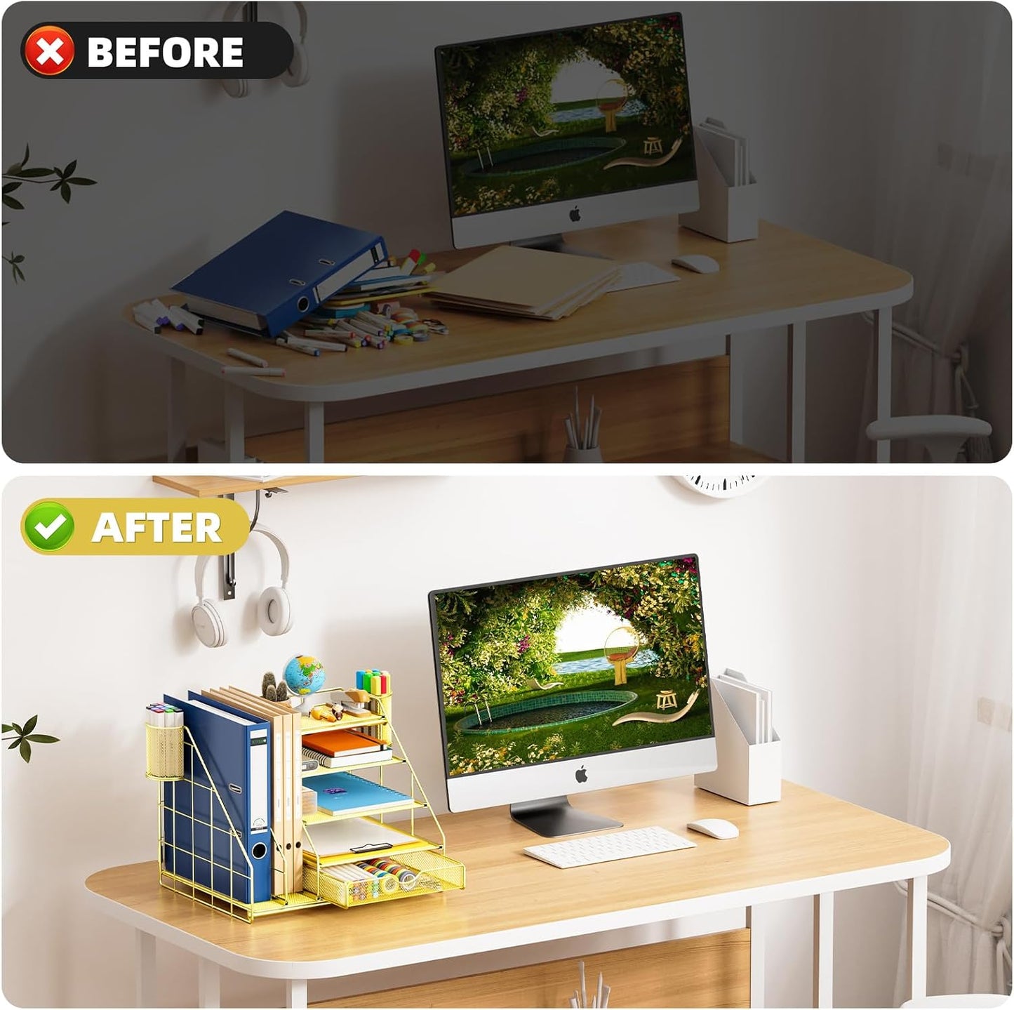 Marbrasse Desk Organizer with File Holder, 5-Tier Desk Organizer and Accessories with Drawer and 2 Pen Holders, Mesh Paper Letter Tray, Desktop Storage for Office Supplies (Gold)