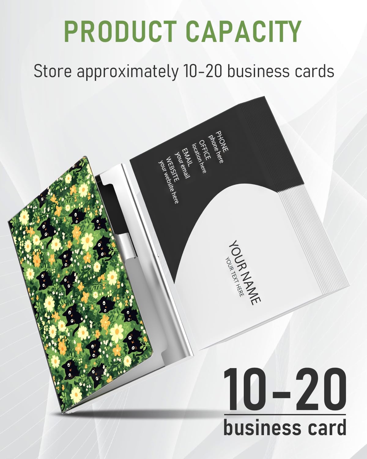 Business Card Metal Slim Organizer, Professional Stainless Steel Square Pocket Wallet for Office Workers, Compact and Portable for Pockets (Cats and Flowers)