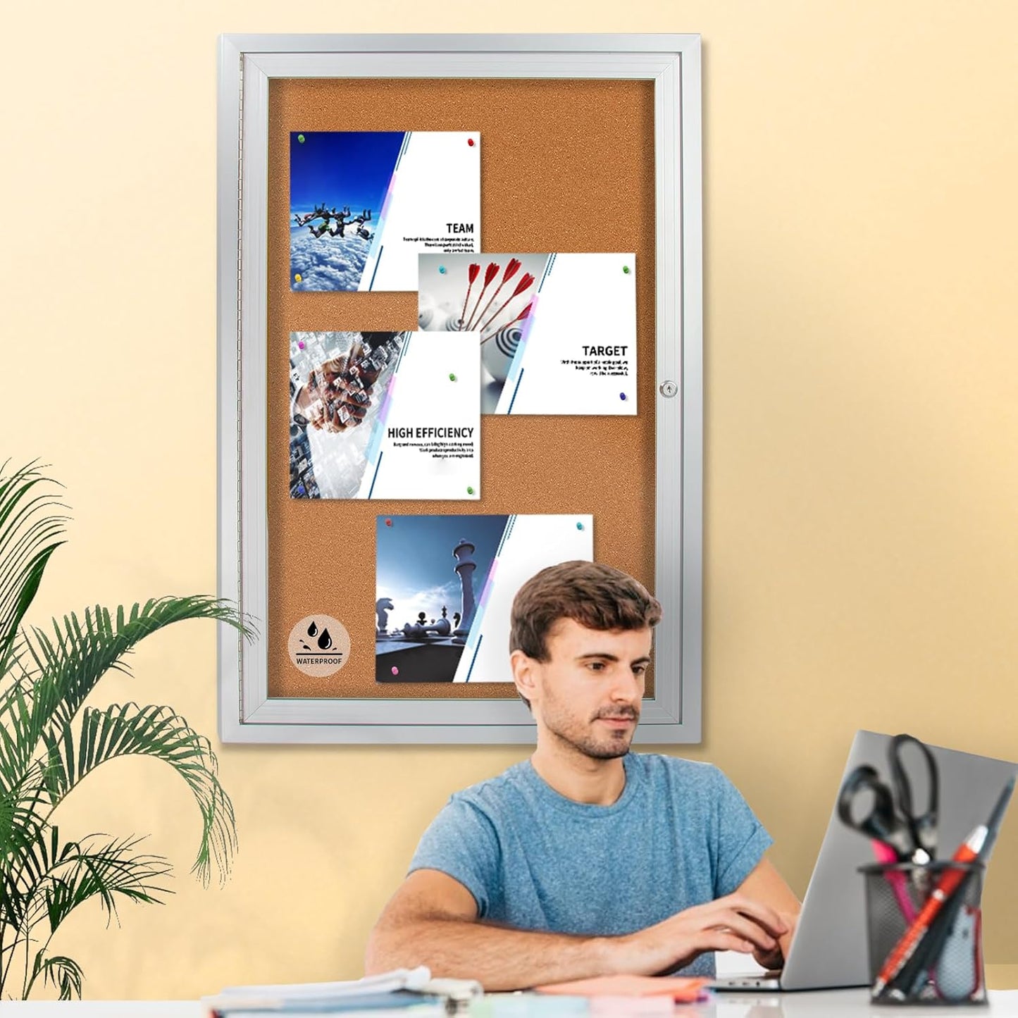 Lockable Outdoor Enclosed Bulletin Board, Weatherproof Cork Noticeboard with Locking Door, Wall-Mounted Aluminum Framed Display Case for Messages,36x24in (5xA4)