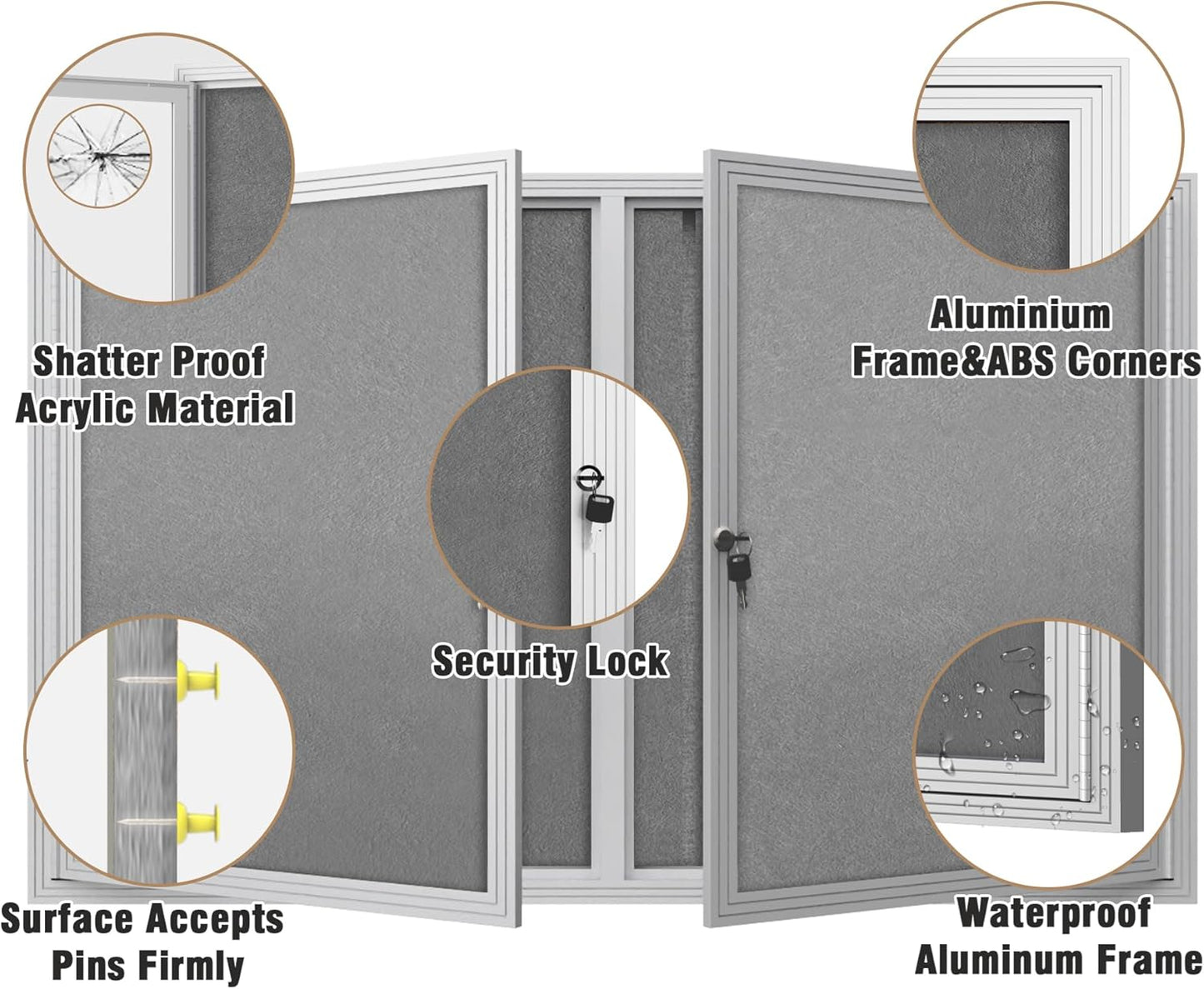 48"x30" Enclosed Bulletin Board, Outdoor Lockable Weather-Resistant Aluminum Cork Noticeboard for School & Office, Silver Frame w/Grey Flet