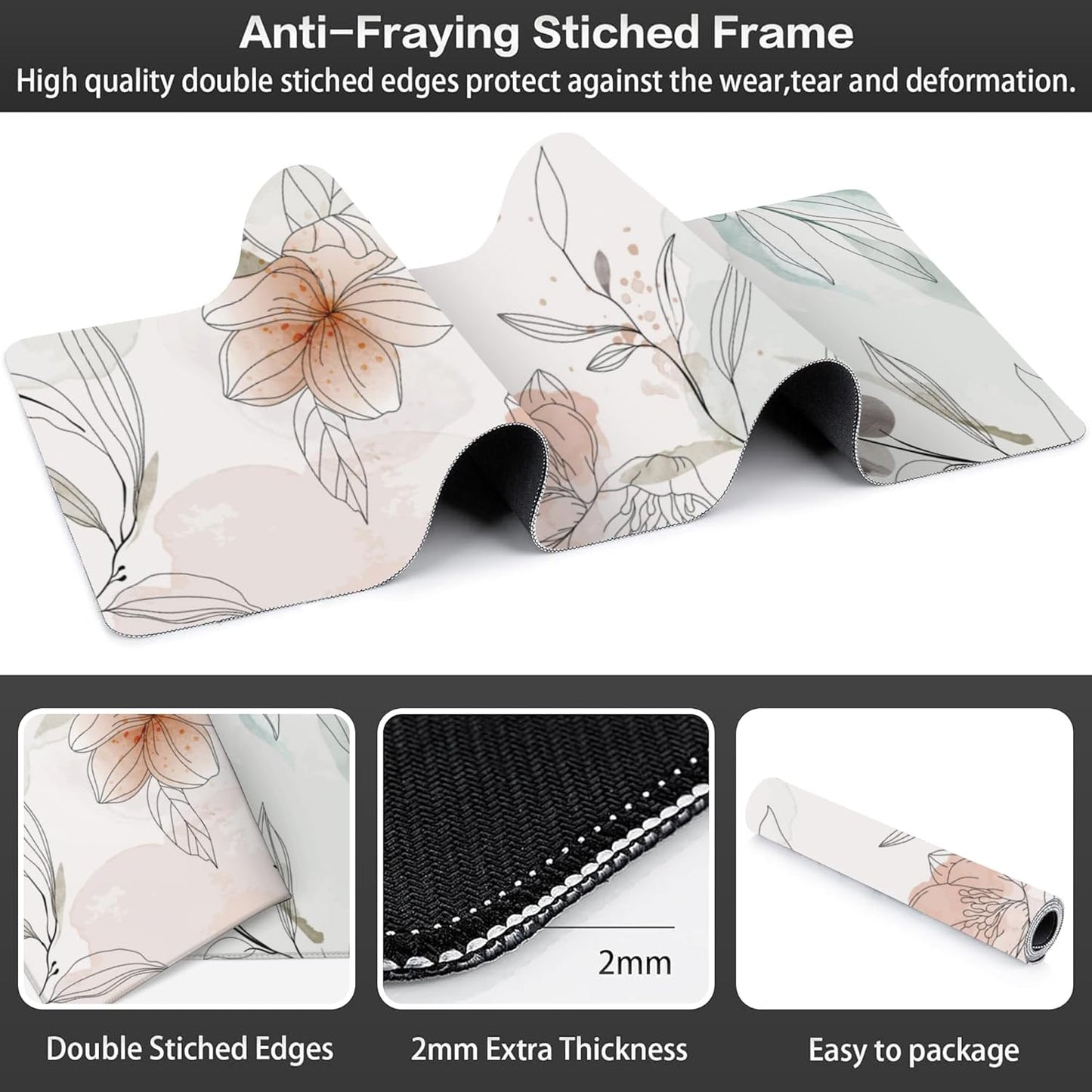 Desk Mat, Abstract Boho Flowers Extended Large Gaming Mouse Pad for Desk XXL, Non-Slip Rubber Base Stitched Edges Long Computer Keyboard Desk Pad Mouse Mat for Home Office Gaming 35.4"X15.7"