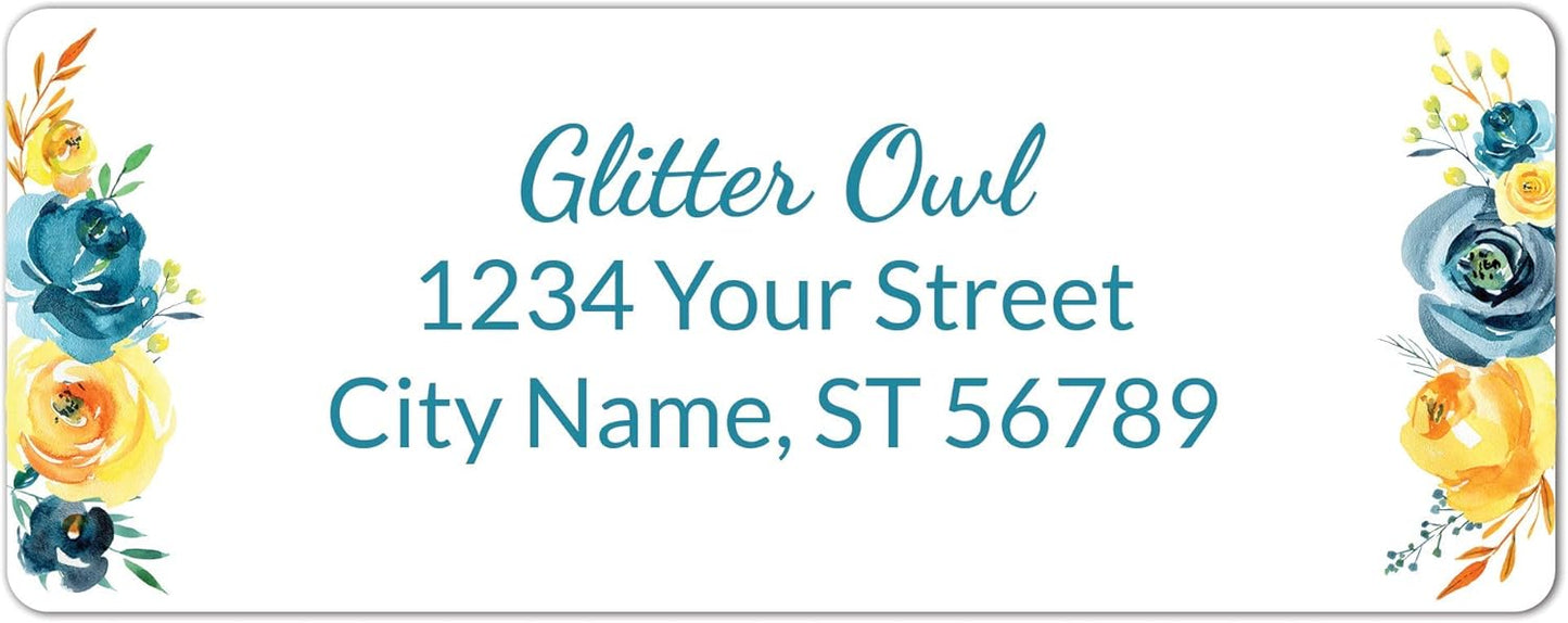 Personalized Return Address Labels Floral - Set of 120 Custom Mailing Labels for Envelopes, Self Adhesive Flat Sheet Rectangle Personalized Name Stickers (Blue)
