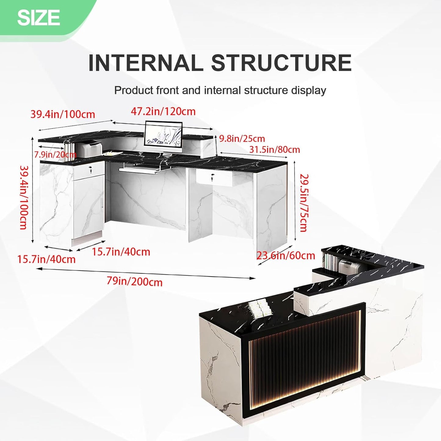 Modern Reception Desk with Counter and Drawer Office Front Desk with Cabinet Wooden Commercial Reception Table Checkout Counter for Retail Salon Lobby White and Black Left 79inch/200cm