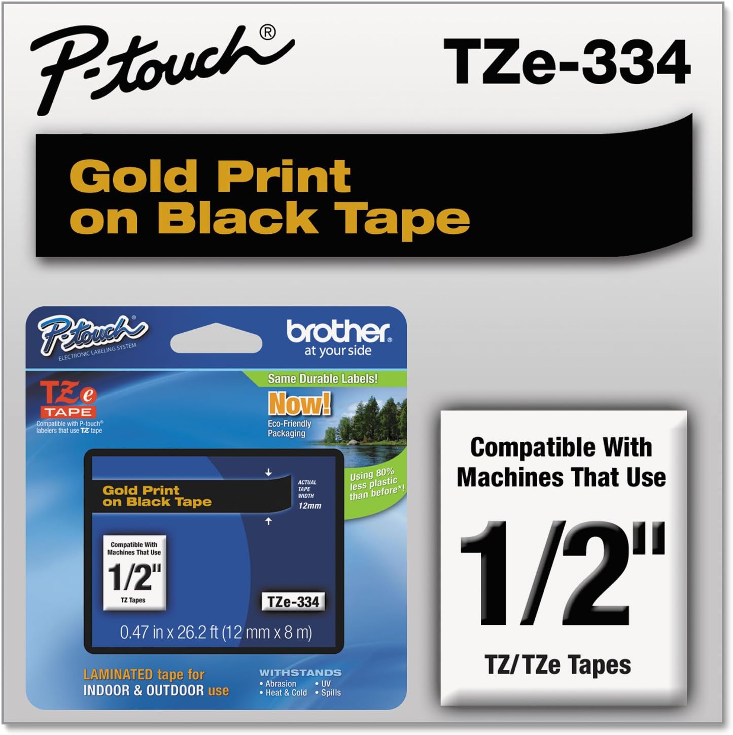 Brother TZE334 P-Touch Standard Adhesive Laminated Labeling Tape, 1/2W