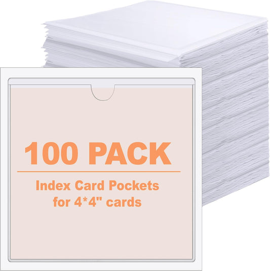 Outus 100 Pcs Clear Self Adhesive Pockets - Bin Labels for Storage Bins, Pocket Label Sleeves, Plastic Index Card Holder with Top Open for Organizing Bins Box Drawer(4 x 4 Inch)