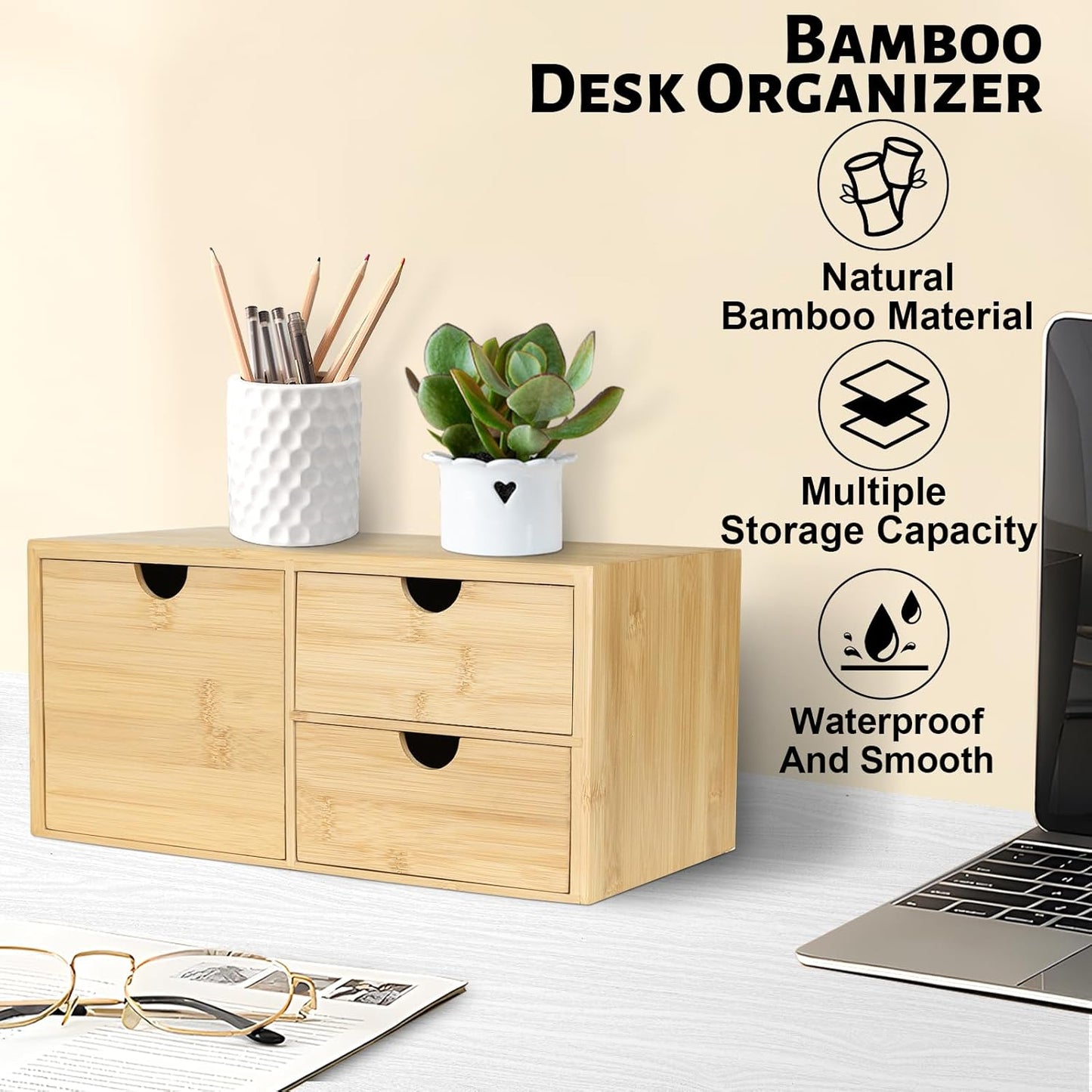 Bamboo Desk Organizer, Desktop Organizer with 3 Drawer, Tabletop Storage Organization Box for Bills, Countertop, Home Office Supplies