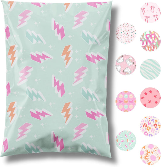 6x9 Designer Poly Mailer 100 Pack Heavy Duty Waterproof Self Seal Shipping Bags for Small Business Large Mailing Envelopes Bulk Tear Resistant Cute Packaging Lightning Bolt