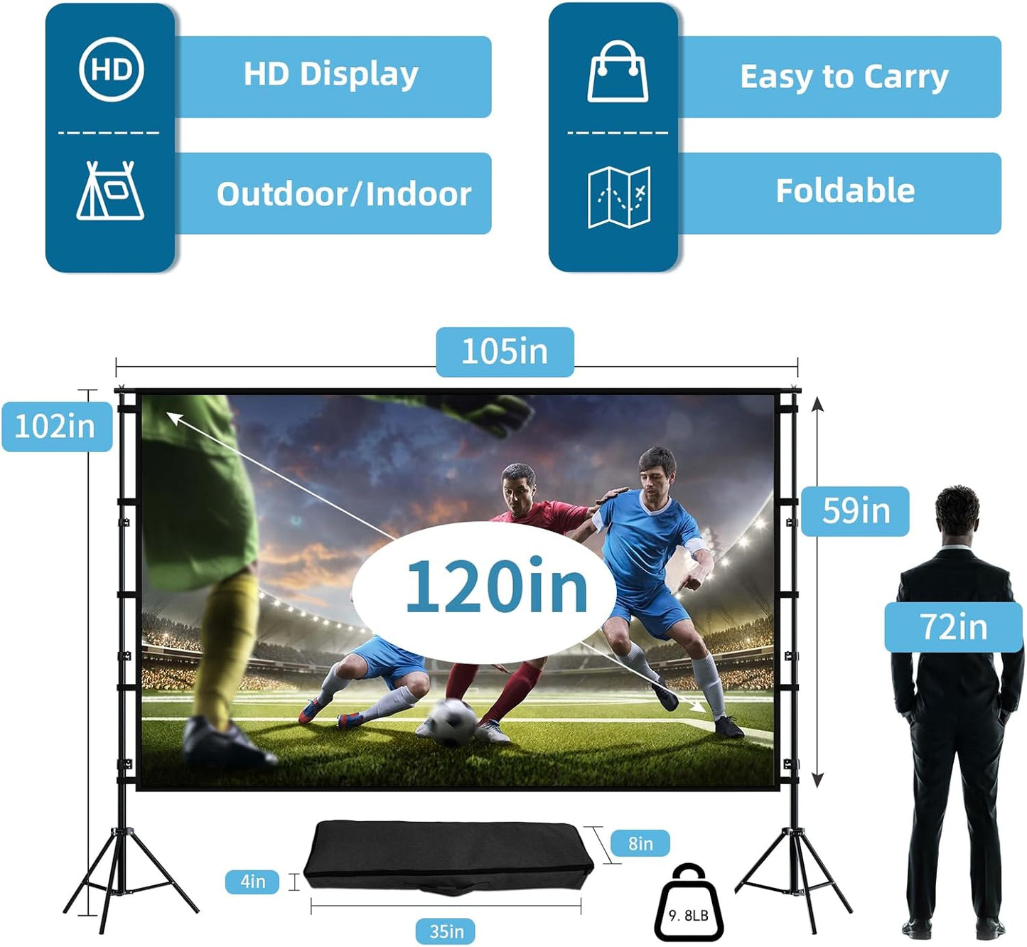 TOWOND Projector Screen and Stand, 120 inch Outdoor Projection Screen, Portable 16:9 4K HD Rear Front Movie Screen with Carry Bag Wrinkle-Free Design for Home Theater Backyard Cinema