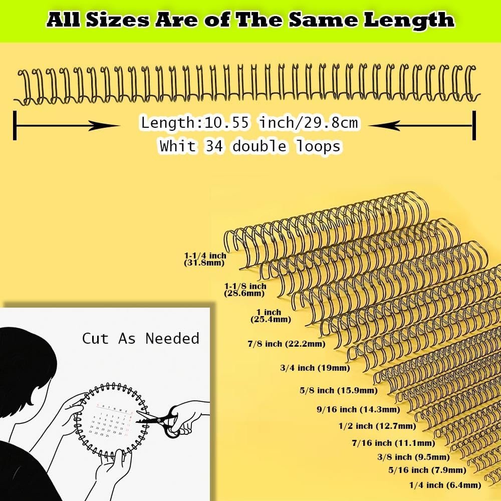 3:1 Pitch Double Loop Binding Wires, YolieraArt 100 Pack Spiral Spine Bindings, 9/16 Inch Wire Twin Binding for Book Binder Machine,Students and Coworkers (120 Sheet Capacity, 100P, Gold)