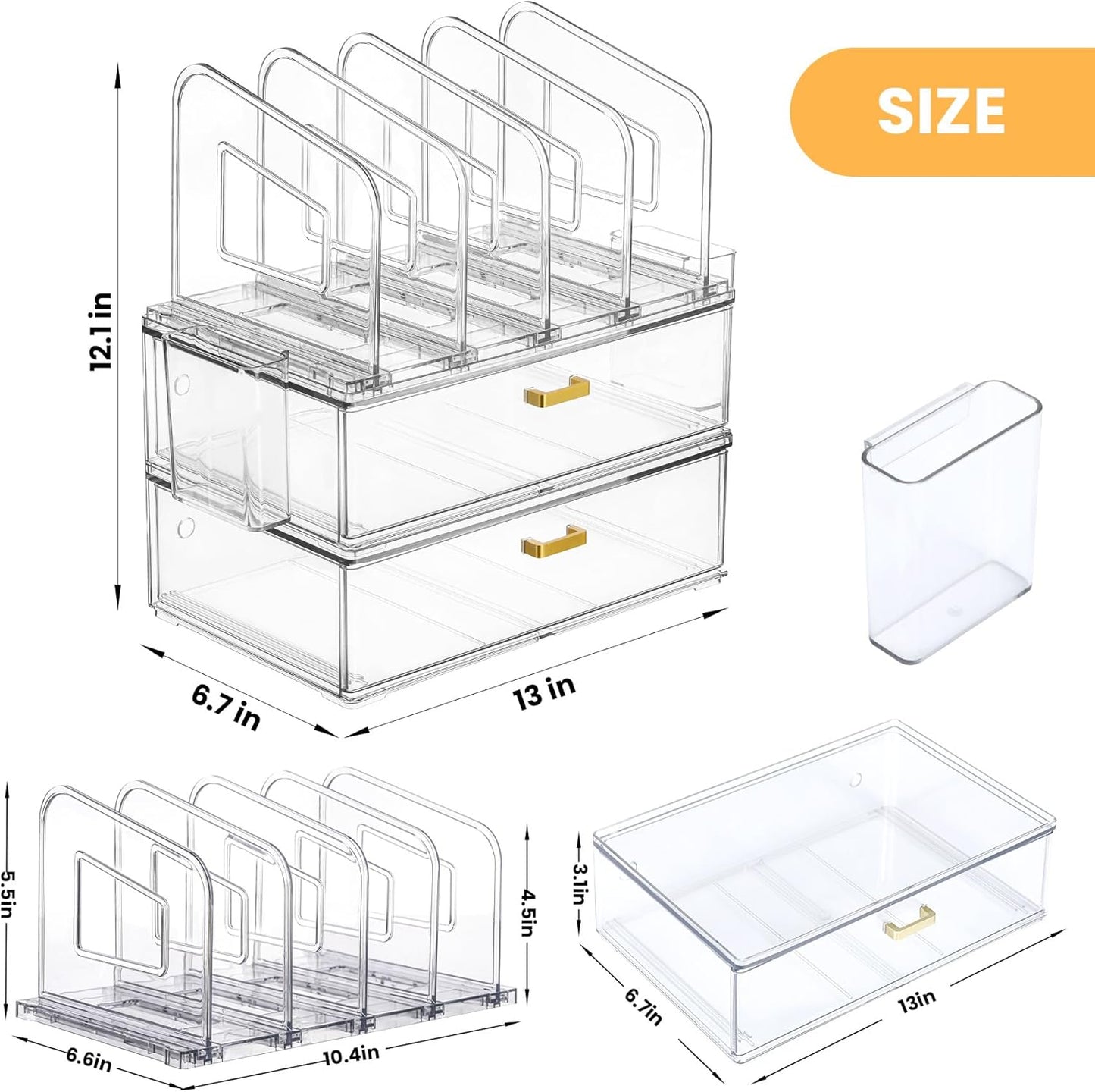Acrylic Desk Organizer Set, 2 Pack Stackable Drawer Organizer with 4 Vertical File Sorter and 2 Pen Holders, Desktop Storage for Files, Letter, Documents, Office Supplies, Desk Accessories