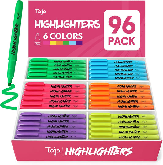 Taja 96 Pack Highlighters Bulk Assorted Bright Colors, 6 Colors Chisel Tip Highlighters Markers Set with No Bleed Ink, Perfect for School & Office Supplies