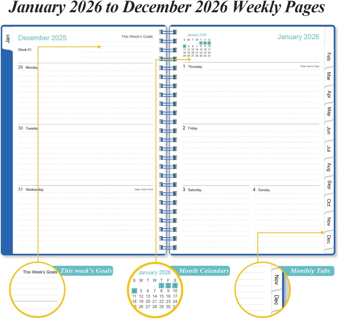 2026 Planner - Planner 2026 from January 2026 - December 2026, Weekly & Monthly Planner Spiral Bound with 12 Monthly Tabs, Inner Pocket, 6.4" x 8.5", Blue