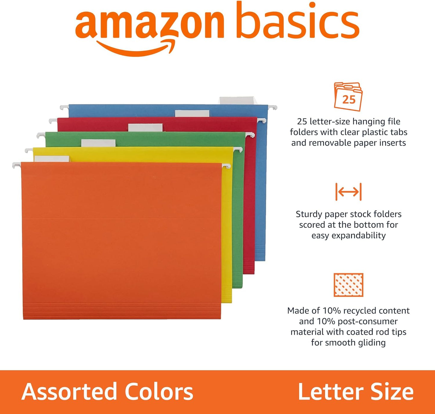 Amazon Basics Hanging Organizer File Folders for Efficient Filing, Assorted Colors, Letter Size (Pack of 25)