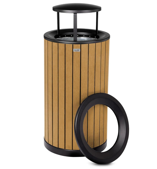 Alpine 32 Gallon Commercial Outdoor Trash Can - Heavy Duty Garbage Can Outdoor, Industrial Trash Can with Plastic Panels for Patio, Parks, Trails & Resorts (Rain Bonnet Lid - Cedar)