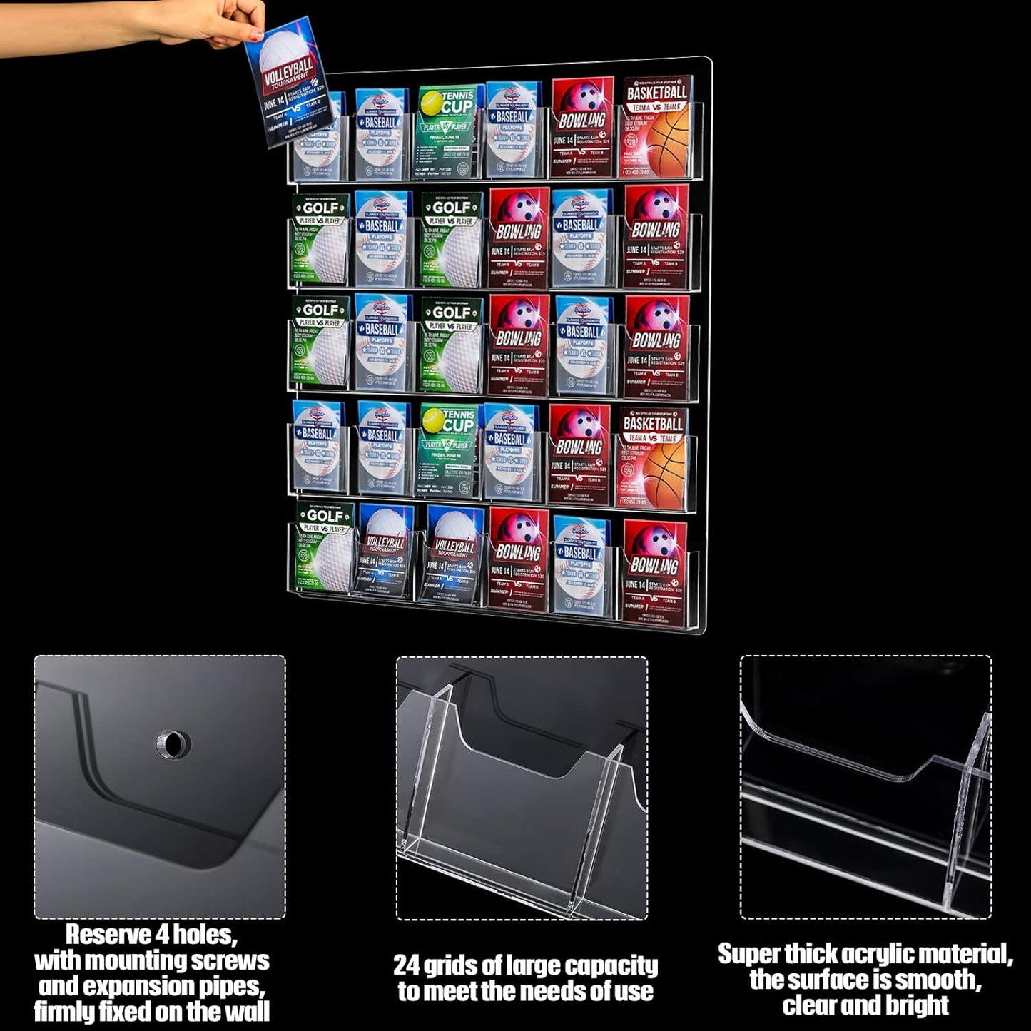 Acrylic Brochure Pamphlet Holder - Clear Display Stand with Multi Slot Rack, Wall Mount Pocket for Literature Menu Document Flyer Advertise Supplies (30 Pockets)