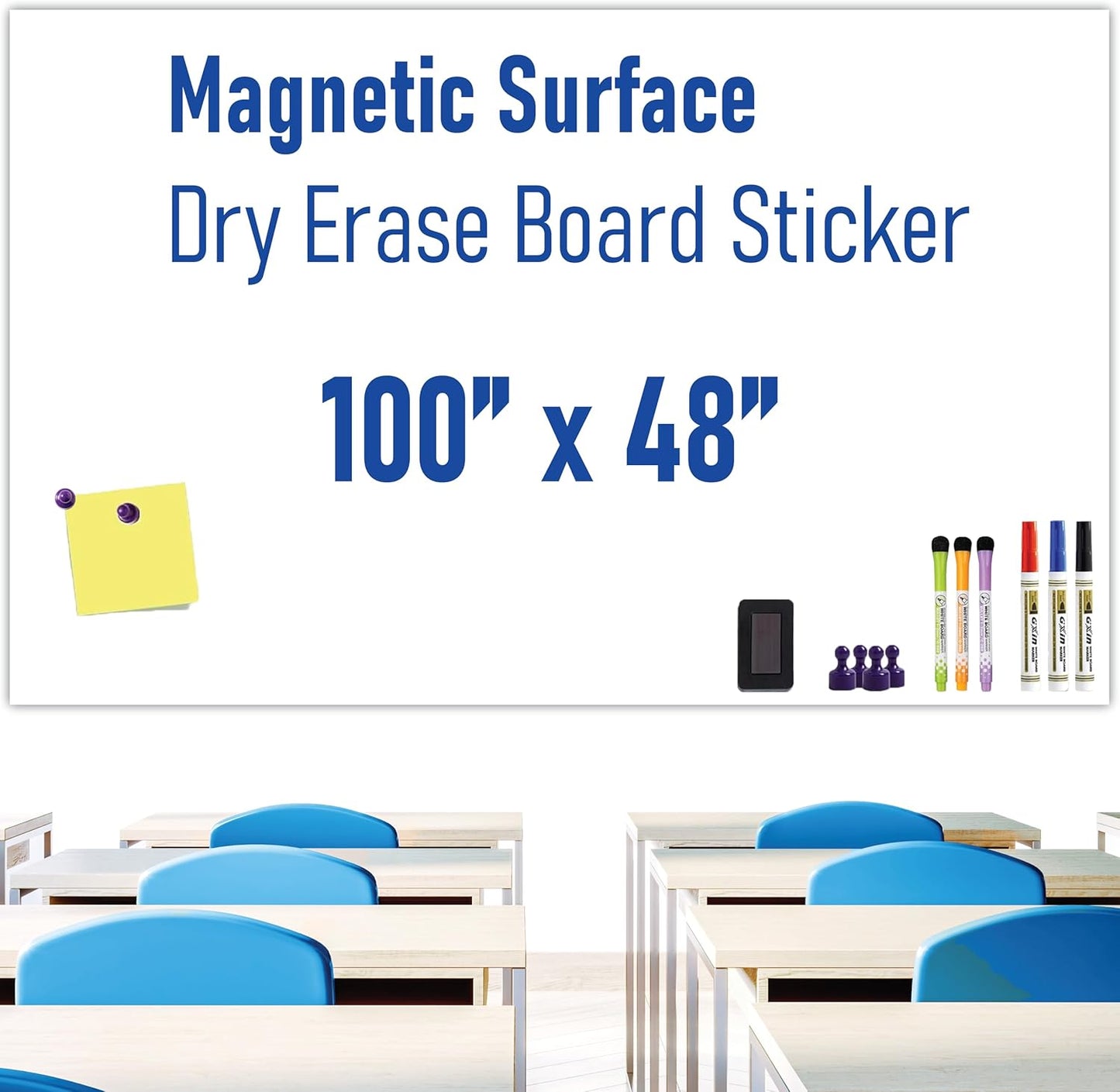 Large Magnetic Whiteboard for Wall - 100" x 48" Adhesive Backing & NO Ghosting Dry Erase Board White Board Sheet for Conference Room Office Home Include Starter Kit