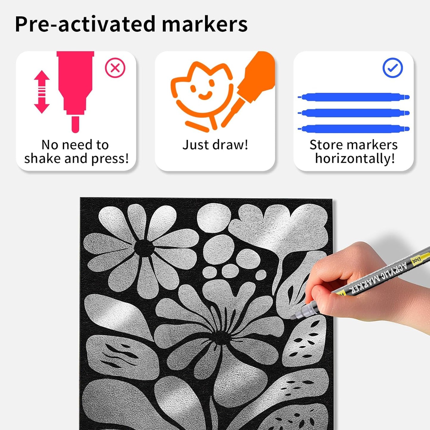 NAWOD 3 Silver Acrylic Paint Pens Markers, Dual Tip (Fine 1mm + Dot 5mm), for Rock Painting Fabric Canvas Glass Wood Ceramic Paper Eggs, Fabric Marker Ideal for Labeling DIY Crafts Art Projects