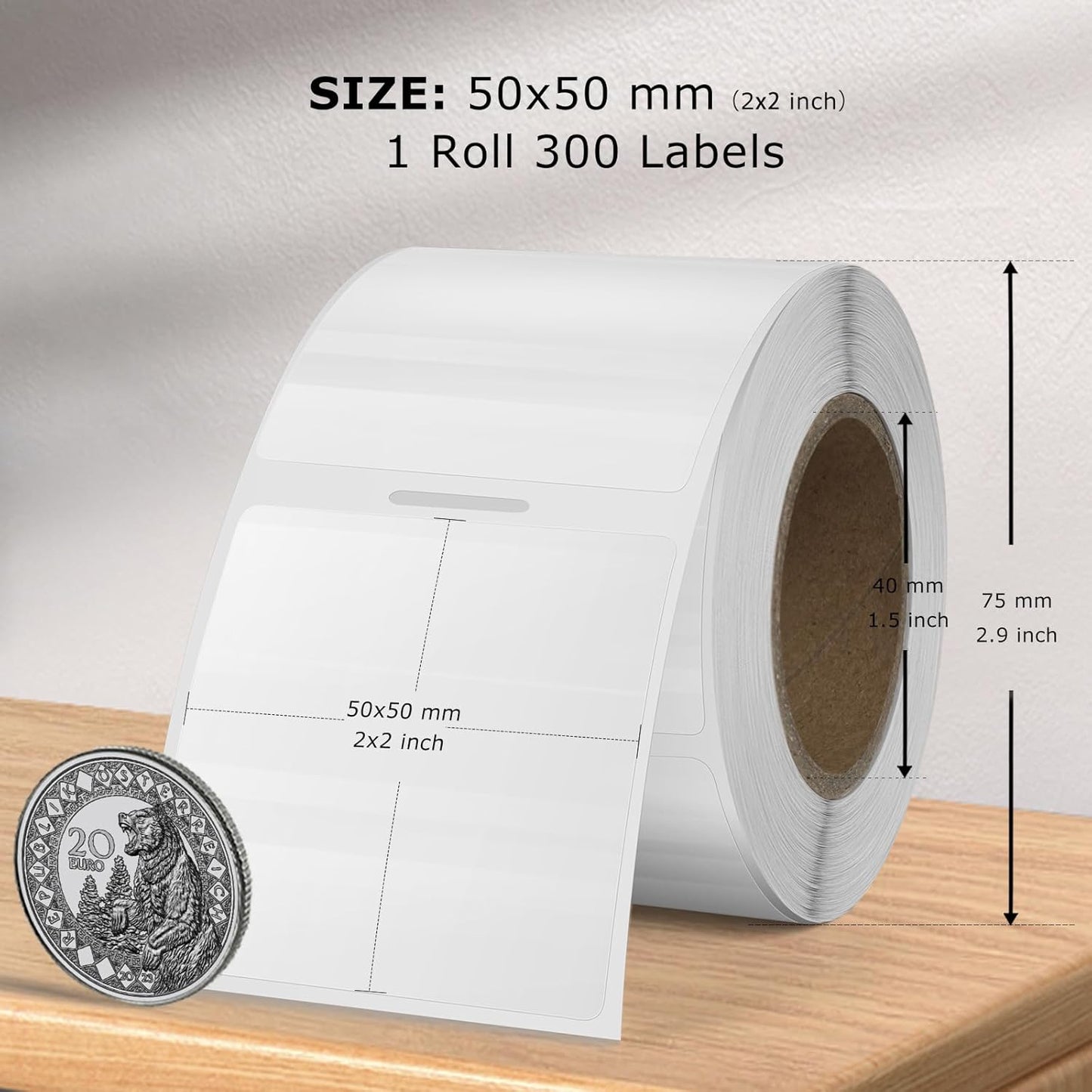 Clear Thermal Labels Rectangle Vinyl 2 x 2 Inch Transparent Direct Printer Stickers Label Square Self Adhesive Waterproof Decals Roll for Home Office Business QR Code Seal DIY Logo 300 PCS