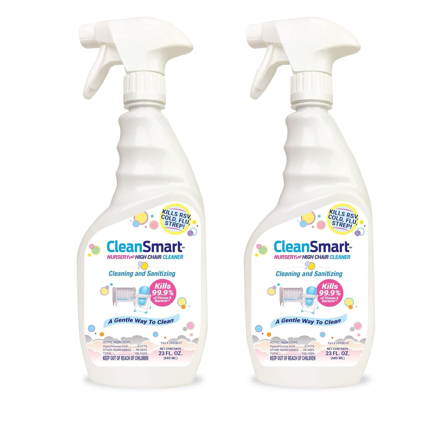 CleanSmart Nursery & High Chair Cleaner, 23 Ounce Bottle (Pack of 2), Hypochlorous Naturally Kills 99.9% of Viruses like RSV & Flu with Zero Residue
