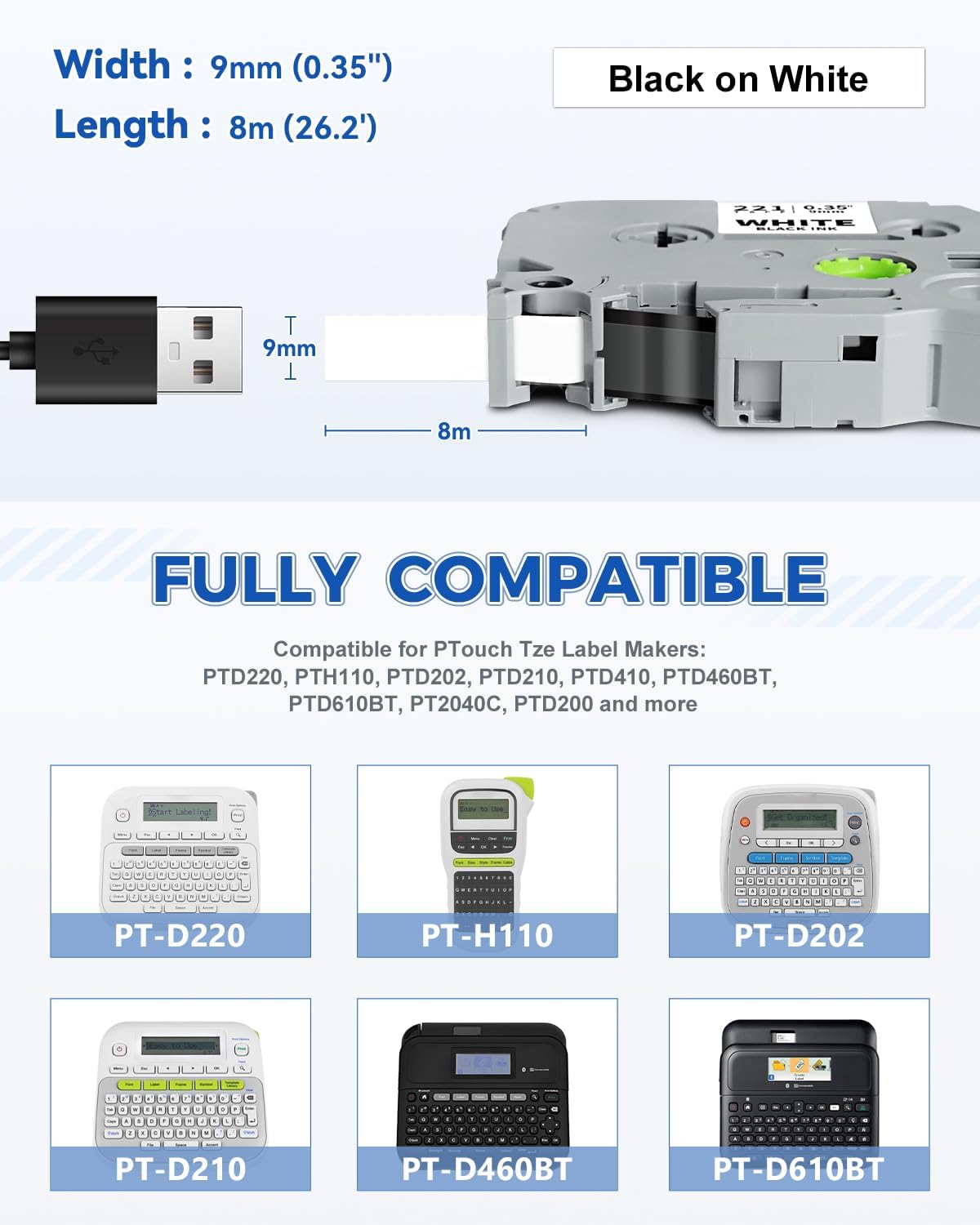 Tze221 9mm 0.35" Laminated White Tape Compatible for Brother 9mm Label Tape Tze-221 Tz-221 P Touch Tz Tze 9mm 3/8" Black on White Label for PTH110 PTD210 PT-D220 PTD400 PT-D610BT, 4-Pack