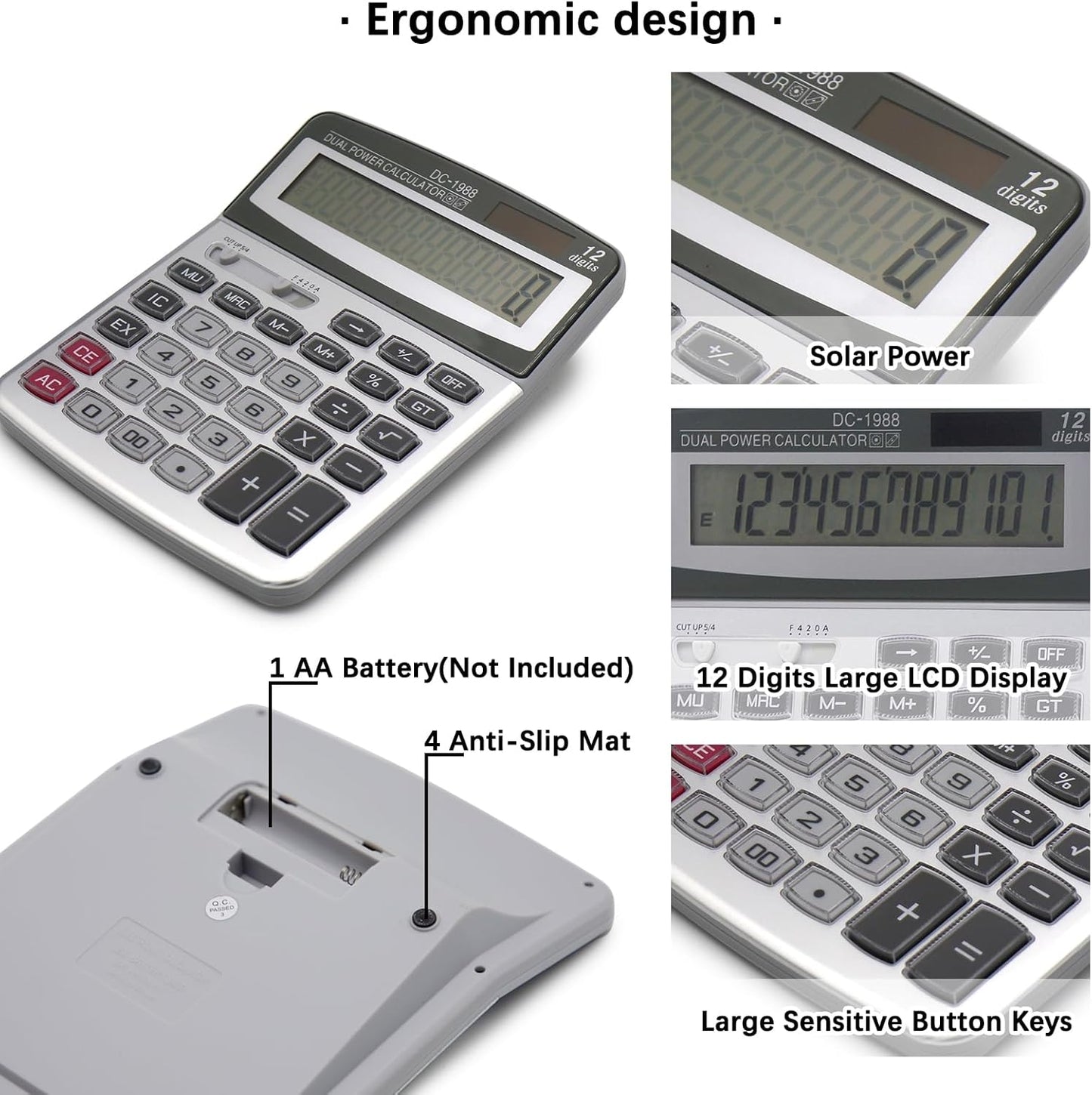 OFFIDIX Desk Calculator 12 Digits Extra Large LCD Display,Big Buttons Dual Power Solar Calculator for Office,Work,Business,Home and School