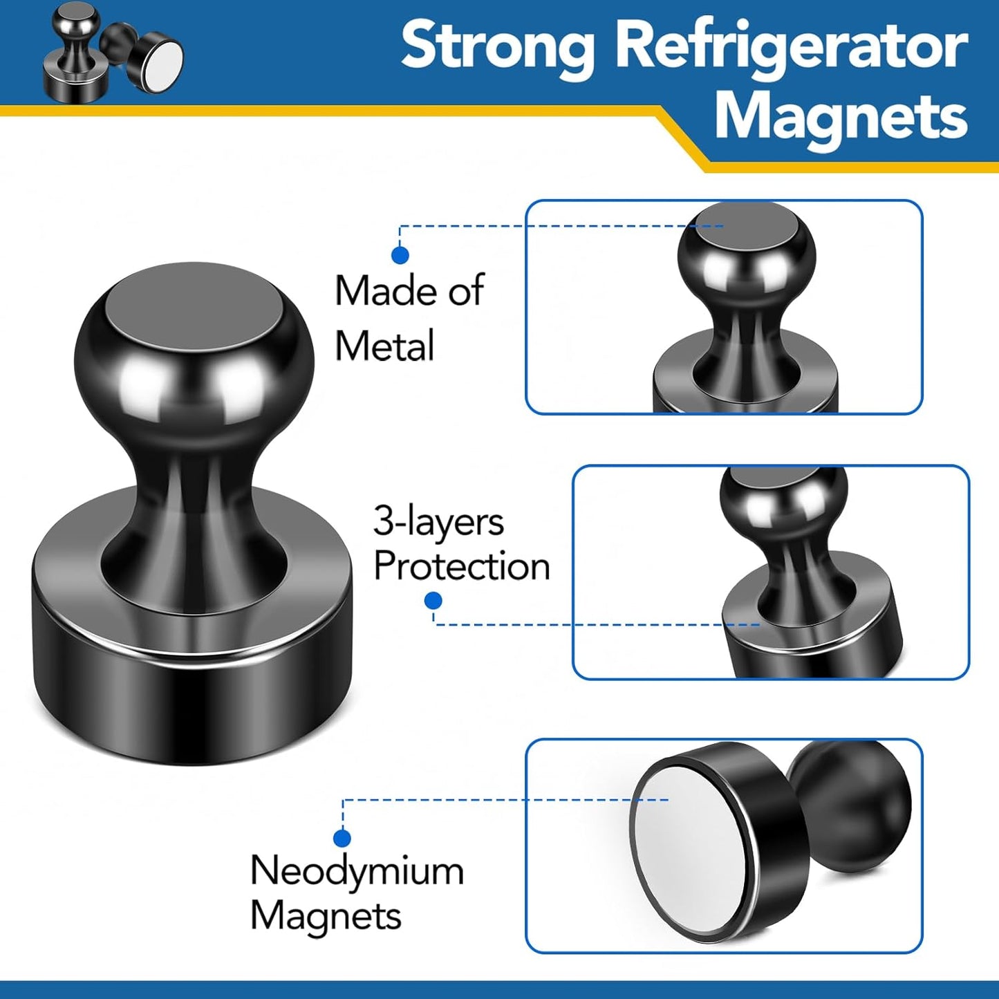 LOVIMAG Refrigerator Magnets, 56 Pcs Fridge Magnets Black Strong Magnets for Whiteboard, Small Neodymium Magnets for Fridge, Push Pins Magnets Ideal for Kitchen Magnets, Office Magnets, Map Decorative