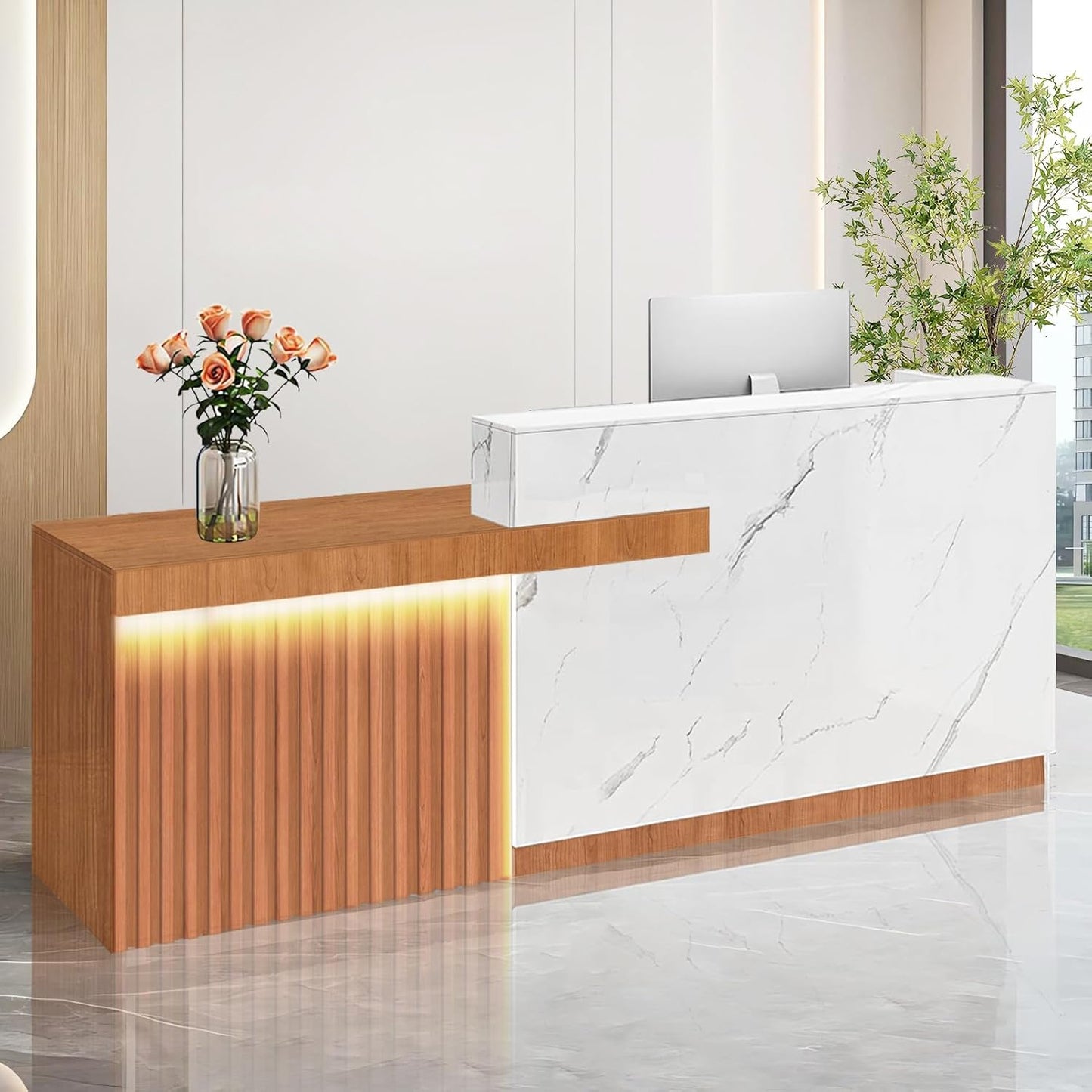 Modern Reception Desk with Counter and Drawer Office Front Desk with Cabinet Wooden Commercial Reception Table Checkout Counter for Retail Salon Lobby White and Brown Left 79inch/200cm