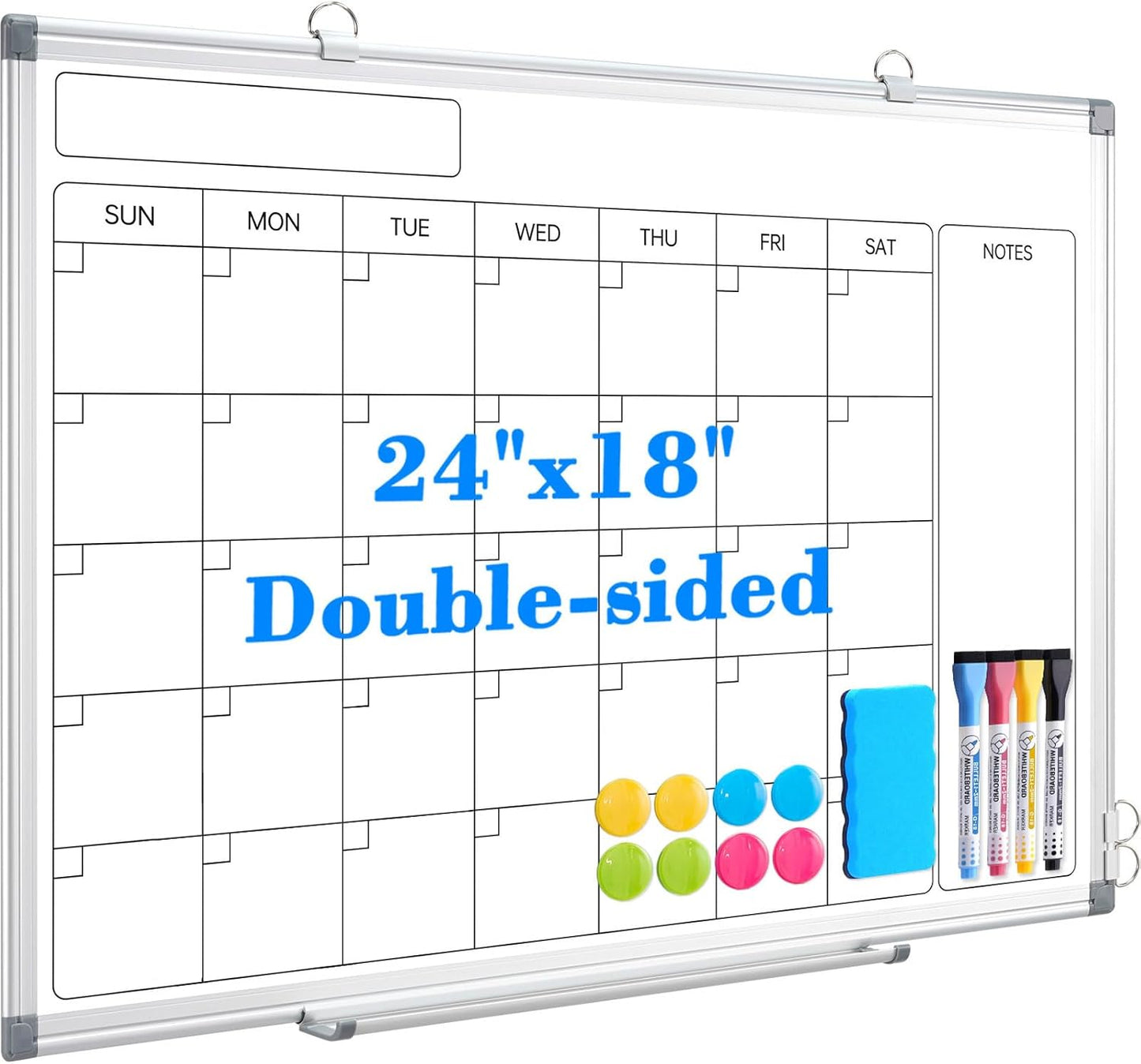 Monthly Calendar Dry Erase Whiteboard for Wall, 24" x 18" Magnetic Calendar White Board, Double-Sided Portable Board for Office, Kitchen, School, Home