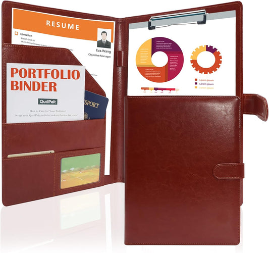 PU Leather Portfolio Binder, Professional Padfolio with Clipboard, Legal Pad Holder for A4 Letter Size Notepad, Resume Portfolio Folder for Business School Office Conference(Brown)