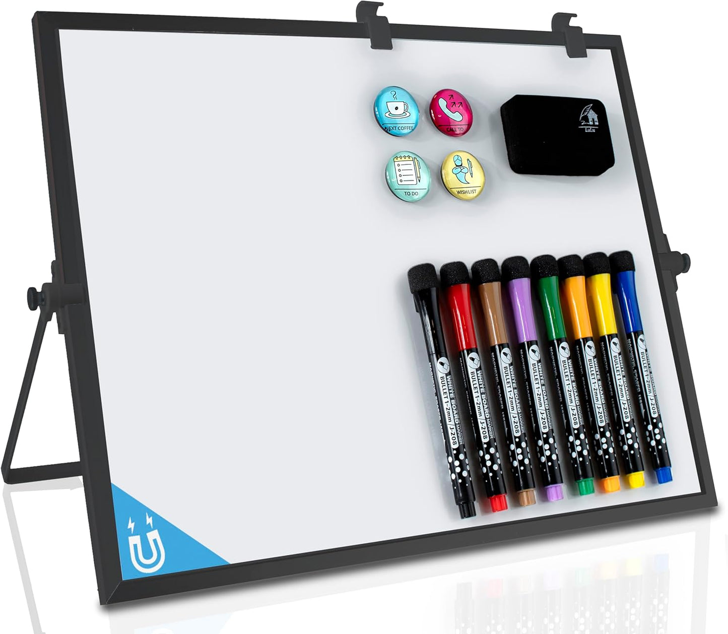 Dry Erase White Board Black Frame for Desk & Wall,12"X16" Large Magnetic Desktop Whiteboard with Stand, 8 Markers, 4 Magnets,1 Eraser, Double-Sided Portable Easel for Office, Students Memo to Do List