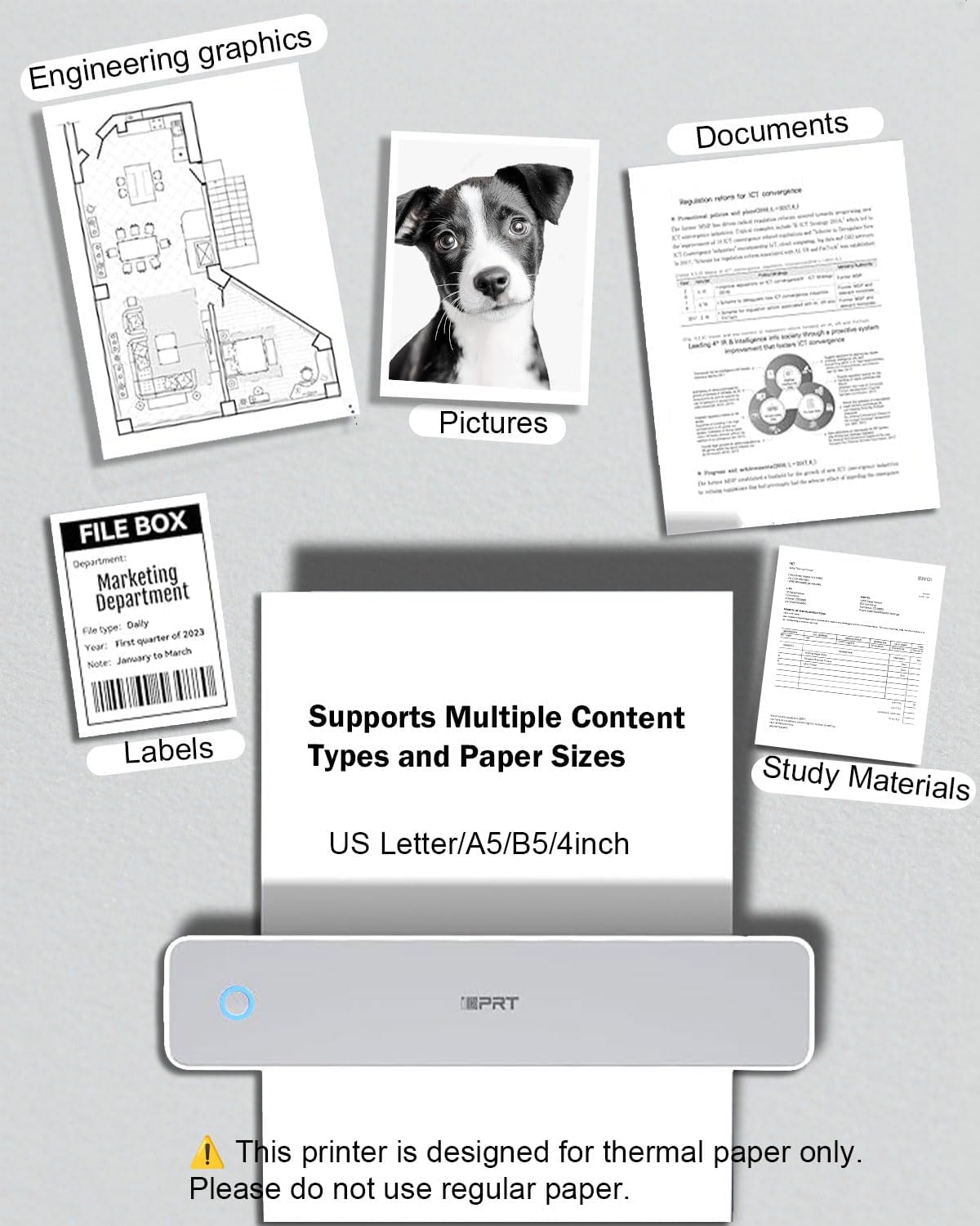 iDPRT Inkless Portable Printer for Travel, 300DPI Wireless Thermal Printer Support 8.5 x 11 Inch US Letter, A4, Small Bluetooth Printers Compatible with iOS, Android Laptop for Office Car Home, Grey