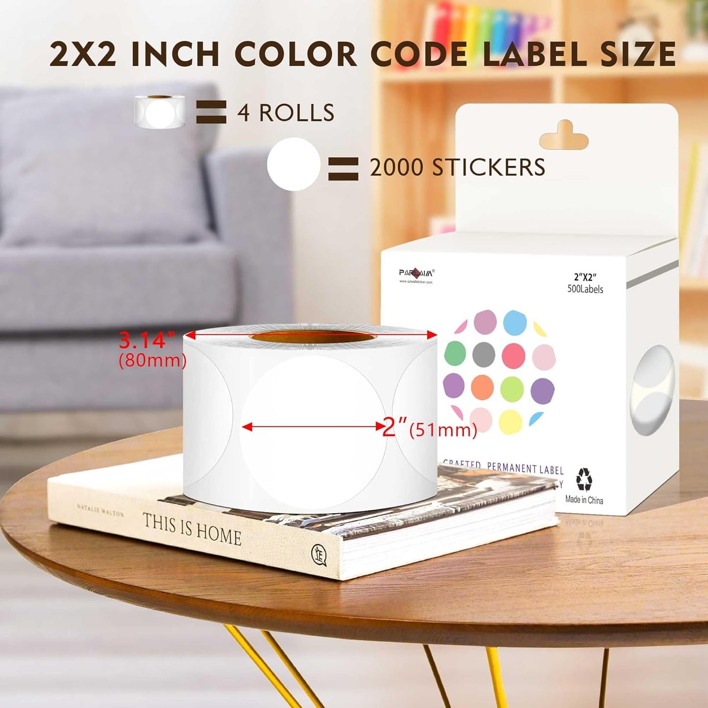 PARLAIM 2 inch Round Color-Code Dot Sticker Labels, 4 Rolls 2000 Adhesive Label Pack in Dispenser Box, White