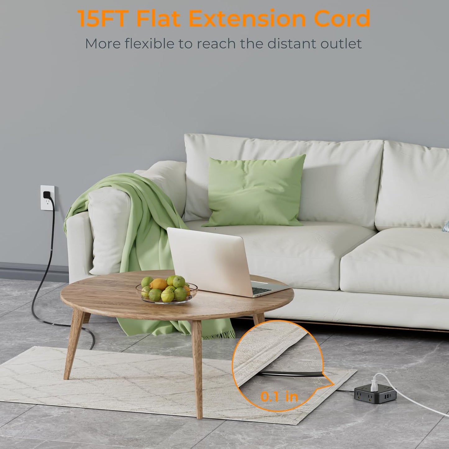 15 FT Extension Cord, TESSAN Ultra Thin Flat Plug Power Strip Surge Protector with 8 Outlets 3 USB Charger(1 USB C), 900J Surge Protection Charging Station for Home Office Dorm Room Essentials, Black