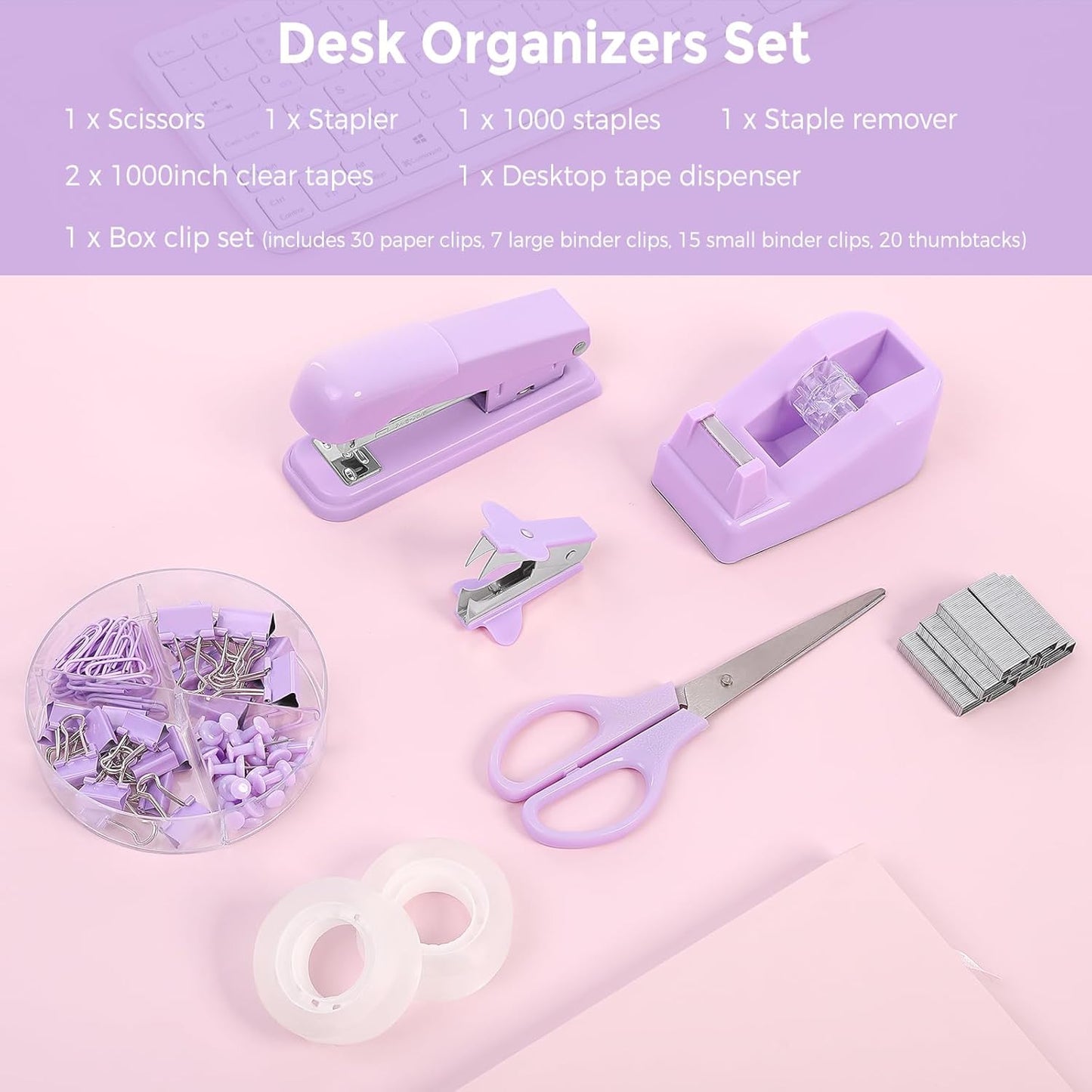 SKYDUE Purple Desk Accessories, Purple Office Supplies Set, Stapler, Tape Dispenser, Scissors, Binder/Paper Clips and 1000pcs Staples,Office Supplies for Women