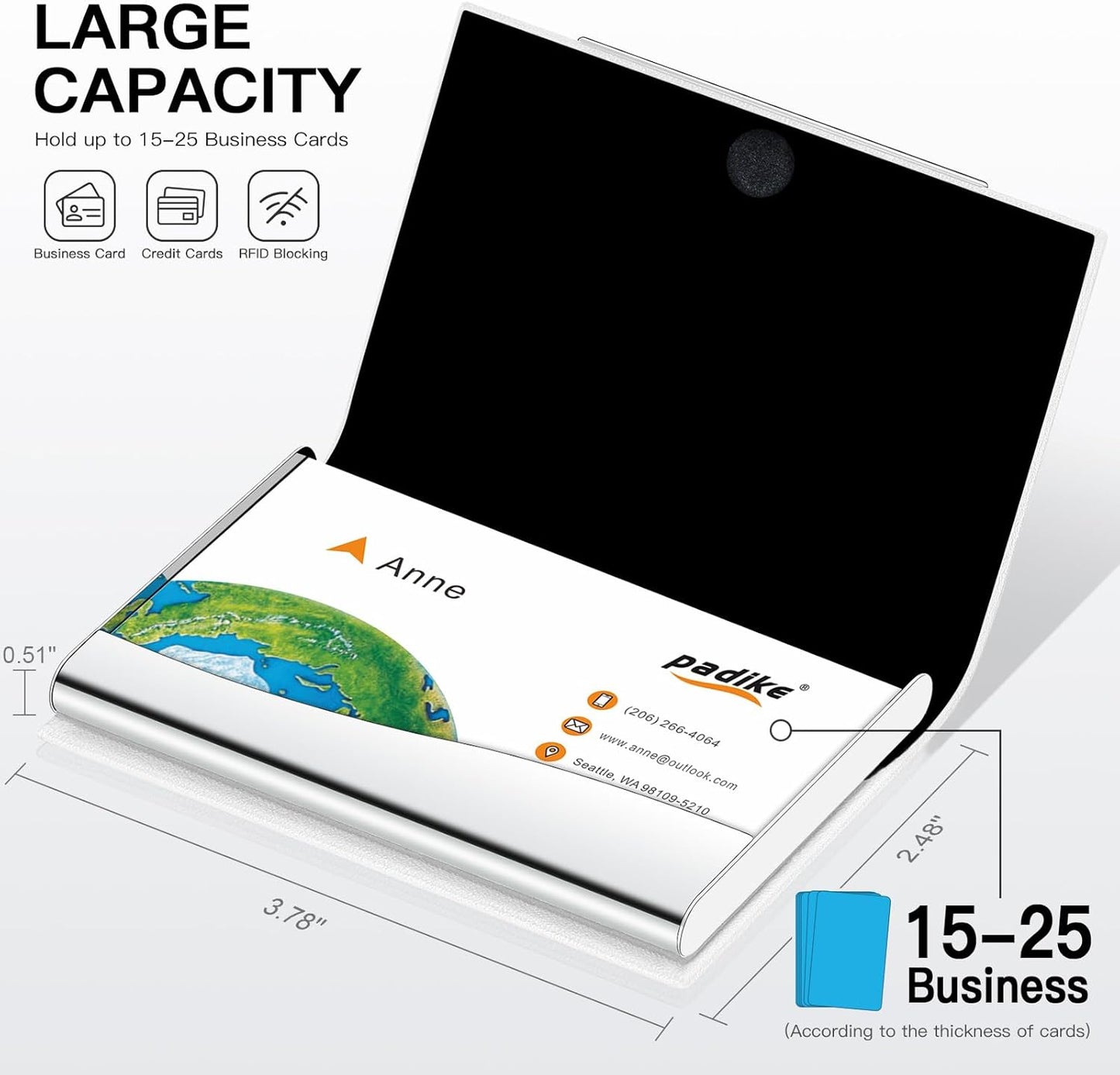 Padike Business Card Holder, Business Card Case Professional PU Leather & Stainless Steel Multi Card Case,Business Card Holder Wallet Credit Card ID Case/Holder for Men & Women. (T-White)