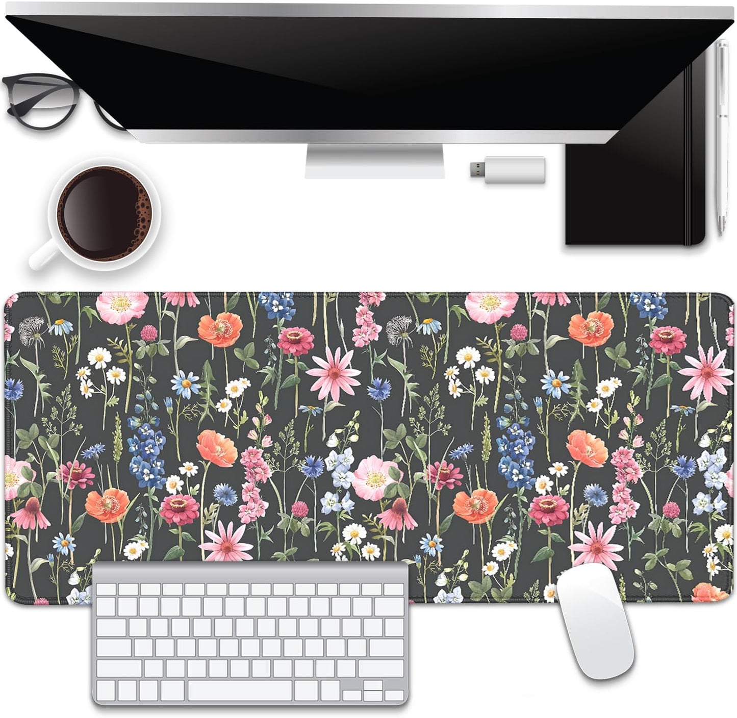 Black Background Watercolor Flowers Desk Pad Mouse Pad,Large Floral Mouse Mat with Stitched Edges,Non-Slip Rubber Base Mousepad for Office PC Keyboard Laptop and Home Work Desk Mat(27.5X11.8 in)