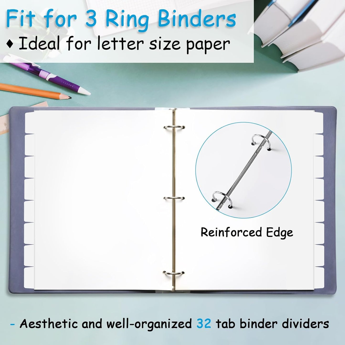Binder Dividers for 3 Ring Binder, 1/8 Cut Tabs, Letter Size, Blank Write On Page Dividers with 8 Big Tabs for School Office Home, 4 Sets, 32 Dividers, White