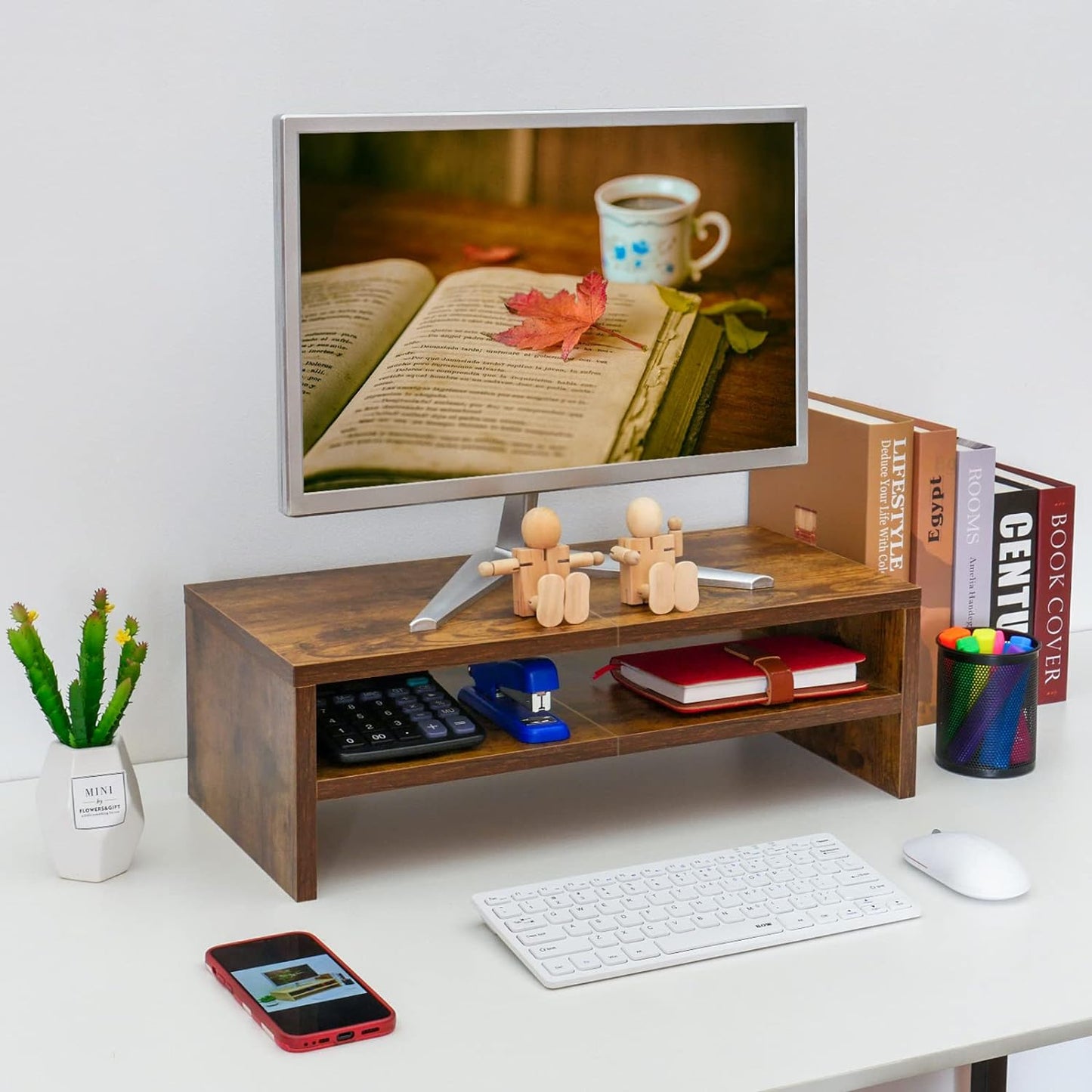 TEAMIX 2 Tier Wooden Monitor Riser Stand, Desktop Stand with storage for Laptop/PC/Printer/Keyboard, TV Stand Shelf Home Office Desk Accessories