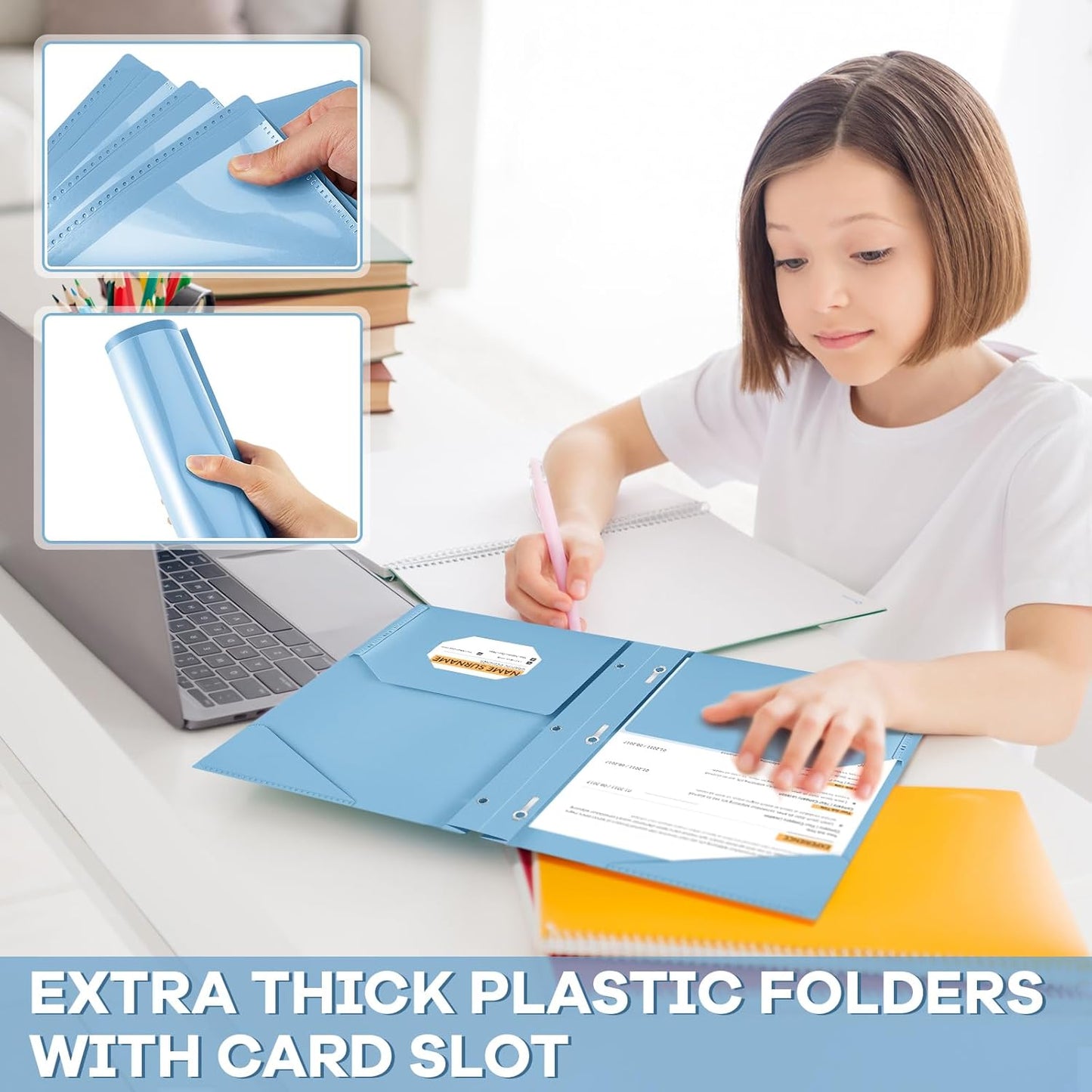 Henoyso 18 Pcs Plastic Folder with Clear Front Pocket and 3 Prong Plastic Folders with Card Slot Pocket Folders with Prongs for School Office (Haze Blue)