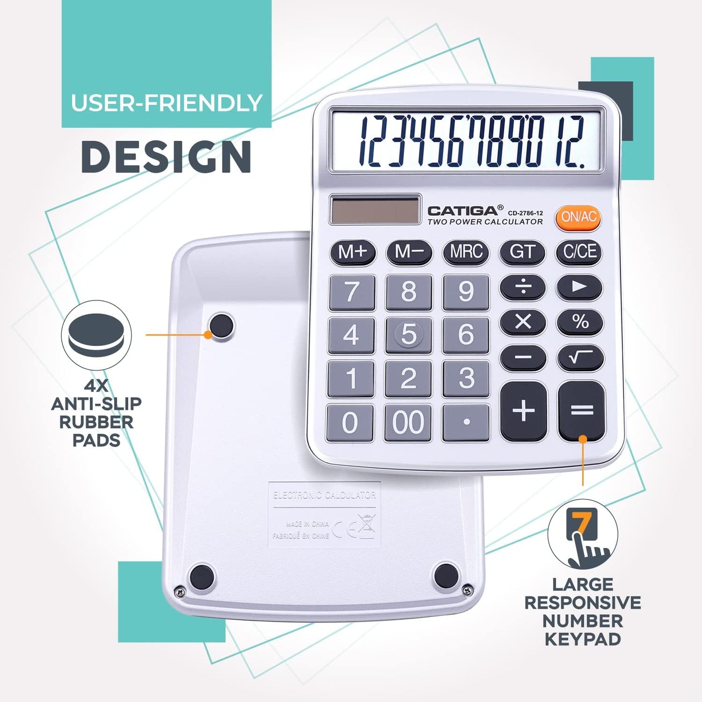 CATIGA 12 Digits Desktop Calculator with Large LCD Display, Dual Solar Power and Battery, Standard Function for Office, Home, School, CD-2786