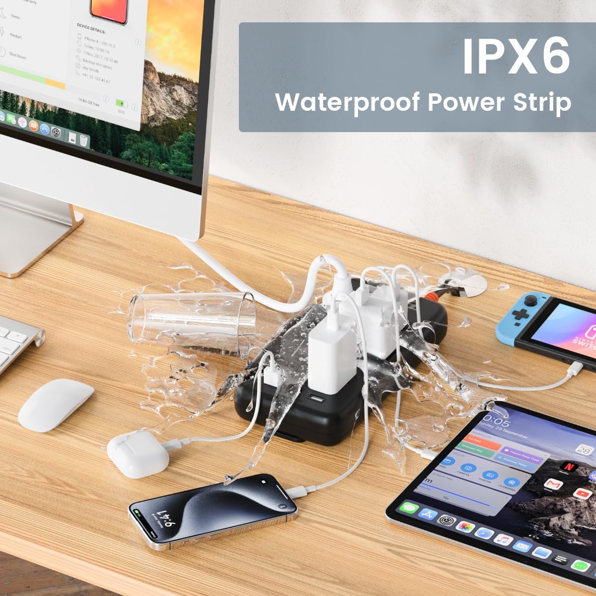 Power Strip Weatherproof, 10-in-1 Surge Protector with 6 Wide Outlets 2USB A and 2USB C,1875W/15A,10FT Flat Plug Multi-Plug Outdoor Extension Cord for Indoor Outdoor, UL FCC Listed