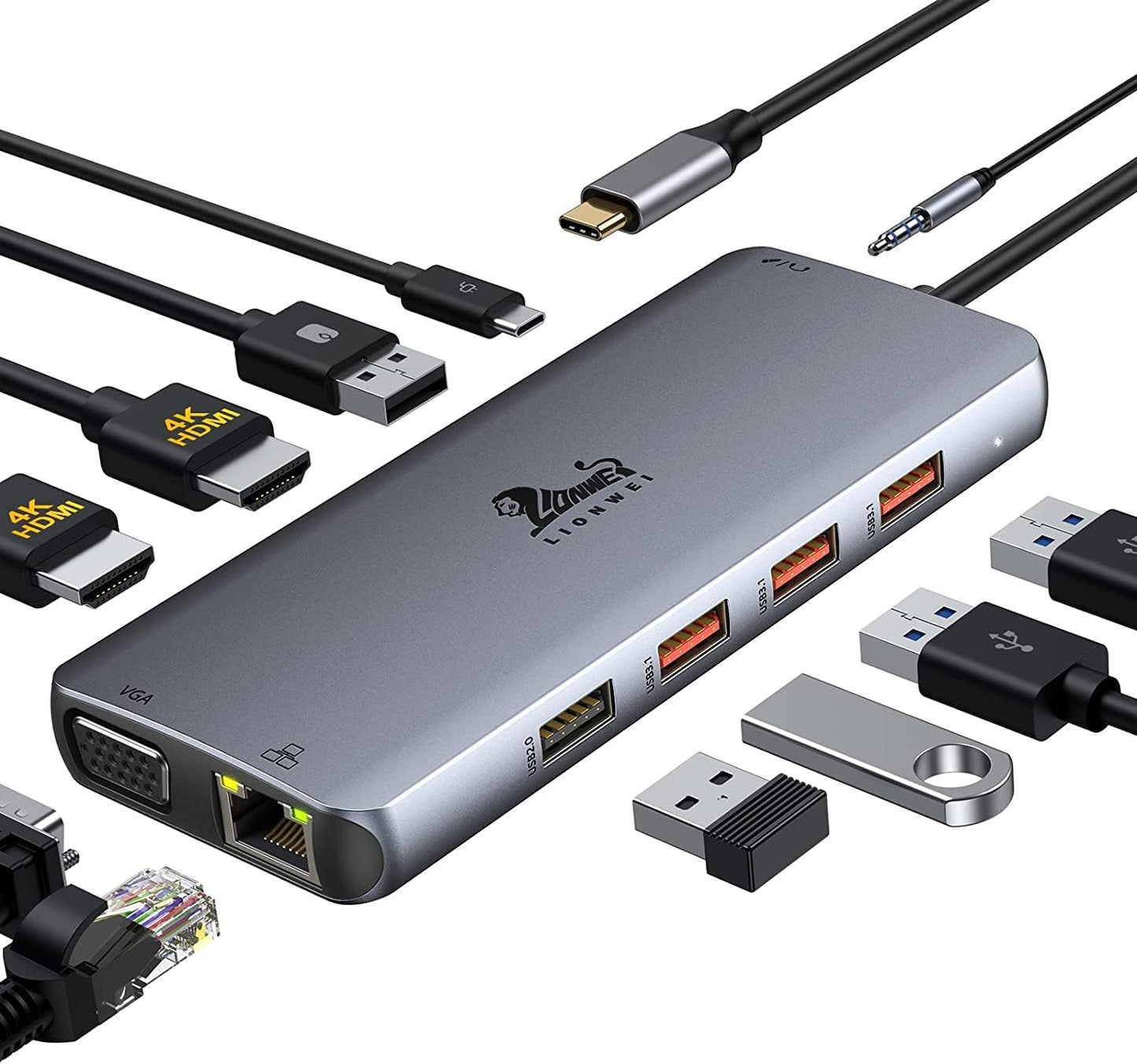 LIONWEI Laptop Docking Station Dual Monitor, 11-in-1 to 4K HDMI,VGA,Gigabit Ethernet,3 USB 3.1 10G,2 USB 2.0,87W PD,Audio for Dell/Surface/HP/Lenovo Laptops